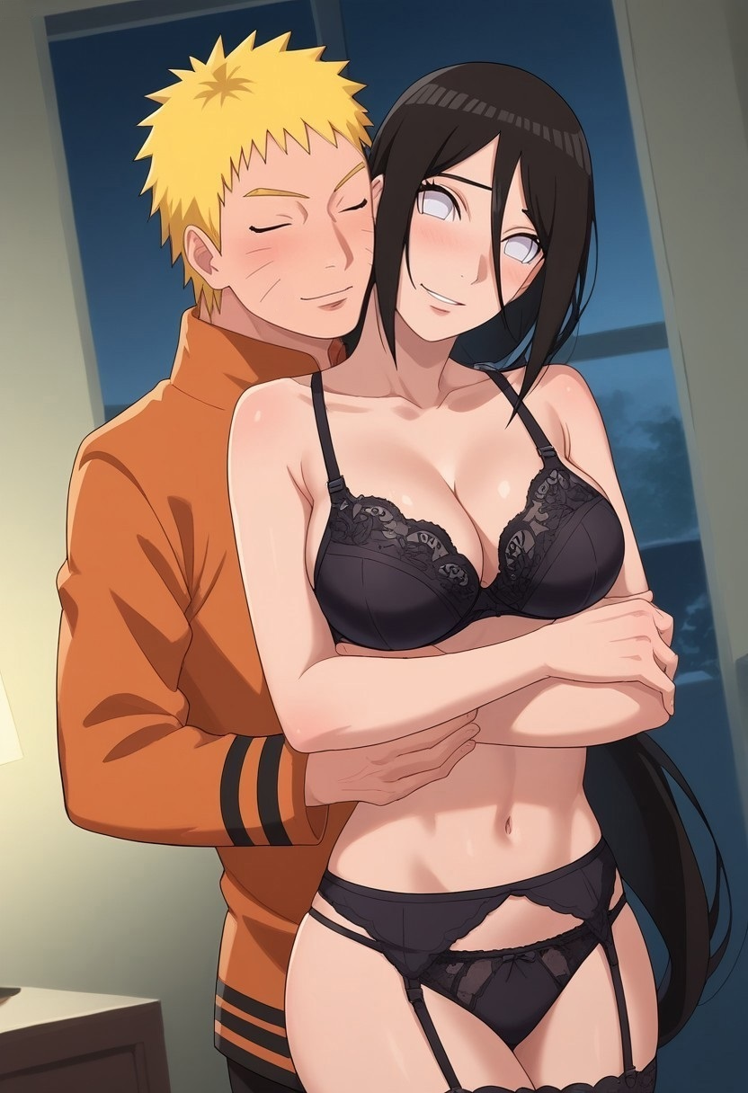 1boy 1girls ai_generated arm_under_breasts bare_legs bare_shoulders bedroom before_sex black_lingerie black_underwear blonde_hair blush boruto:_naruto_next_generations bra breasts brother-in-law_and_sister-in-law brown_hair cheating cheating_husband closed_eyes female garter_belt garter_straps high_resolution hugging_from_behind hyuuga_hanabi indoors jacket light-skinned light-skinned_female light-skinned_male light_skin lingerie long_hair lovers male medium_breasts naruto naruto_(series) ntr nude panties pants pony_diffusion_xl short_hair shy smile stockings straight underwear uzumaki_naruto very_high_resolution very_long_hair whisker_markings