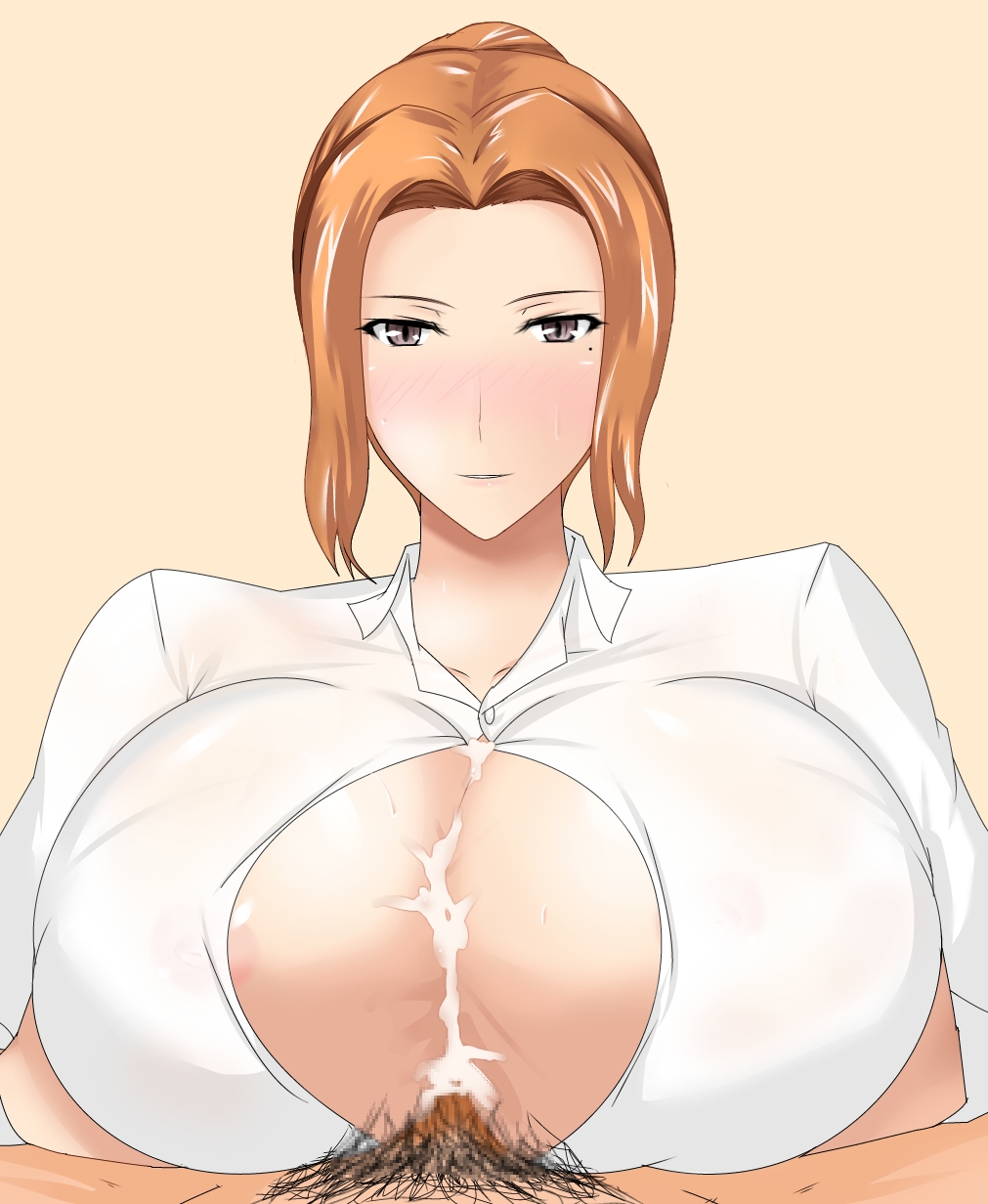 1boy, 1girls, alternate breast size, blush, breasts, button gap, cum, cum between breasts, dress shirt, ejaculation between breasts, engulfing paizuri, female, fluids, gigantic breasts, huge breasts, juno (pixiv32541104), large breasts, male, milf, mother, open clothes, orange hair, paizuri, paizuri lead by female, paizuri on lap, penis, pov, pubic hair, tachibana kyouka, tachibana-san-chi no dansei jijou