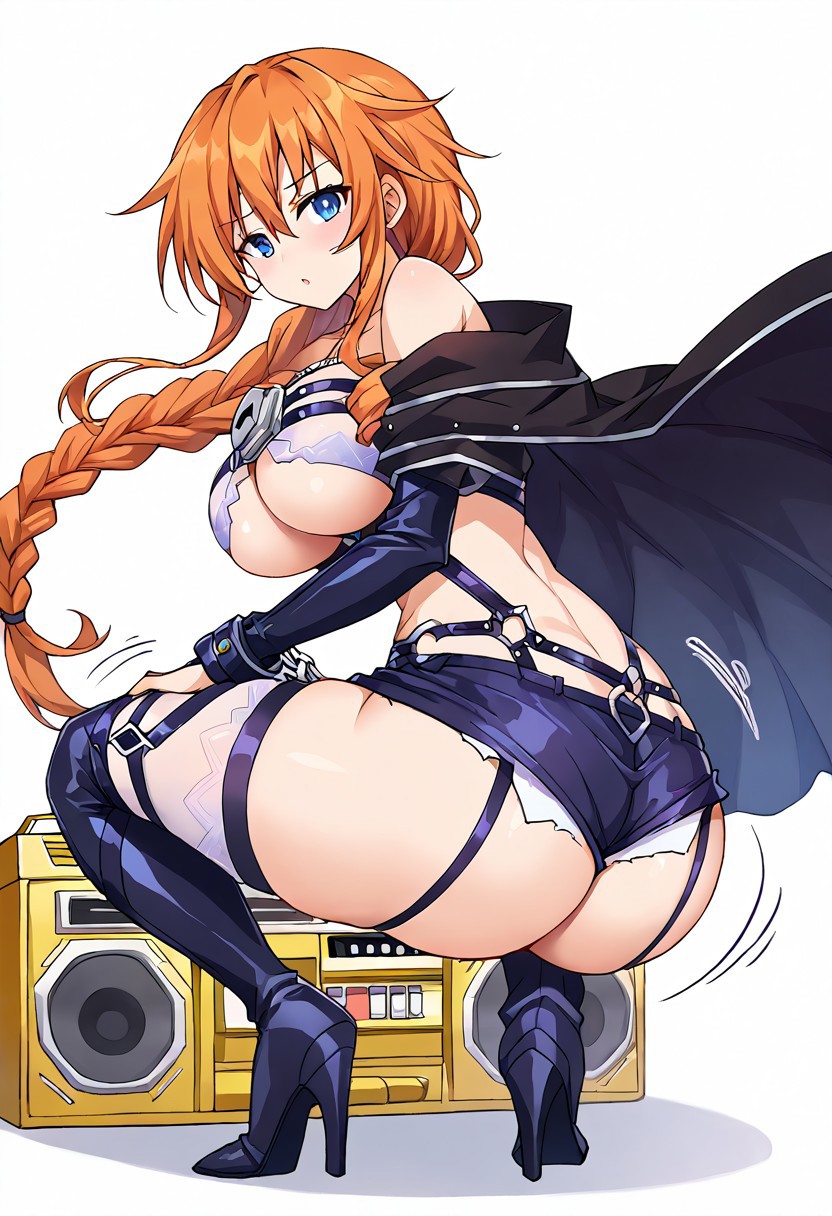 1girls ai_generated ass ass_shake blue_eyes braid breasts date_a_live drill_hair gold_boombox_(prevence) looking_at_viewer looking_back orange_hair twerk twerking yamai_yuzuru