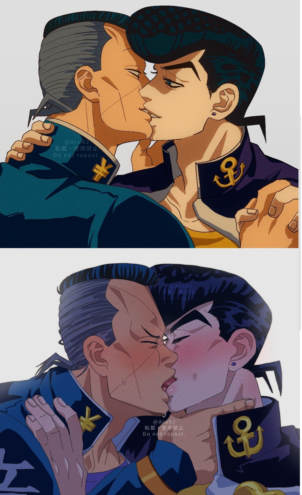 2boys blush bros_being_bros clothes diamond_is_unbreakable gay jojo's_bizarre_adventure josuke_higashikata kissing making_out male_focus male_only okuyasu_nijimura scars_on_face uniform yaoi