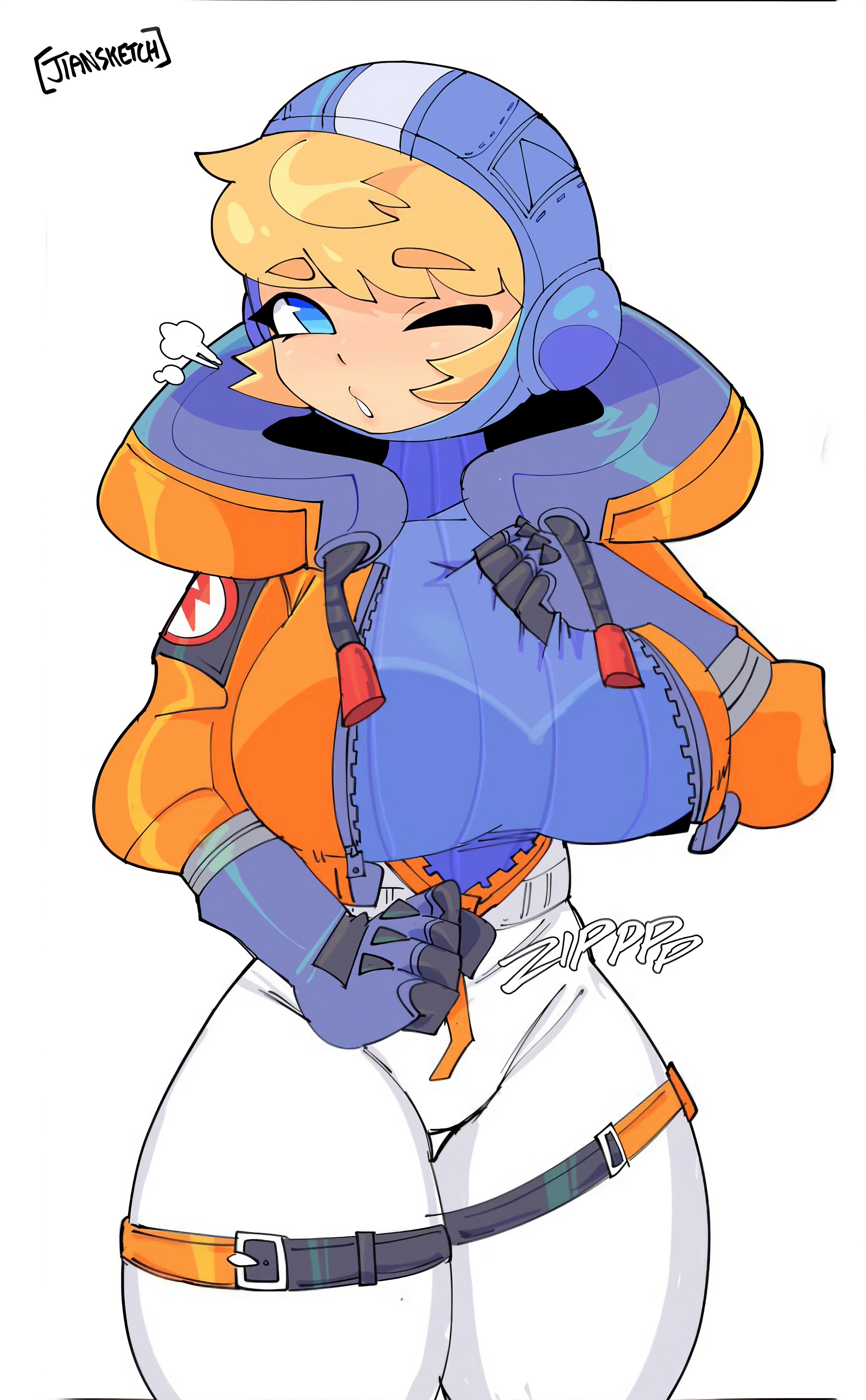 1girls, alternate breast size, apex legends, belt, big breasts, big hips, big thighs, bra, bra visible through clothes, breasts, clothed, clothing, eyebrows visible through hair, female, female only, fully clothed, hips, huge breasts, human, human only, humanoid, jiansketch, jumpsuit, large breasts, looking at another, outgrowing clothes, simple background, solo, solo female, stretched clothing, thick, thick hips, thick legs, thick thighs, thighs, tight clothes, tight clothing, tomboy, unzipped, unzipped bodysuit, unzipping, wattson (apex legends), white background, wide hips