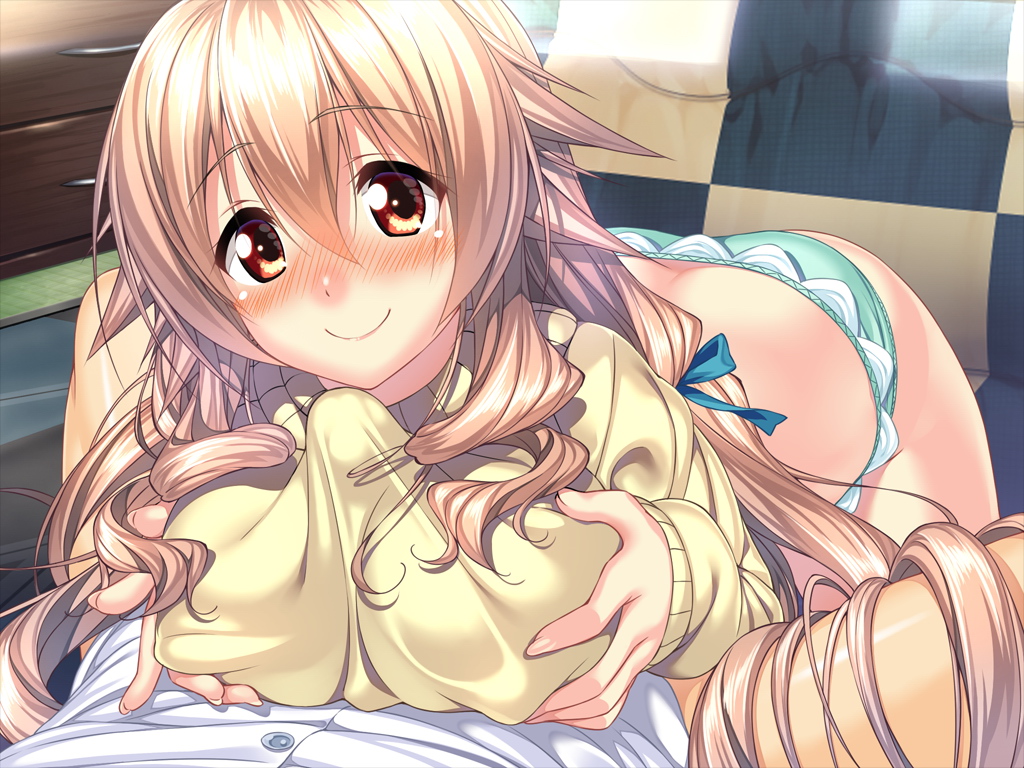 amakano aqua_panties blush breasts brown_eyes brown_hair bulge drill_hair erect_nipples female game_cg hoshikawa_koharu large_breasts long_hair male outercourse paizuri paizuri_under_clothes panties penis piromizu smile straight sweater underwear