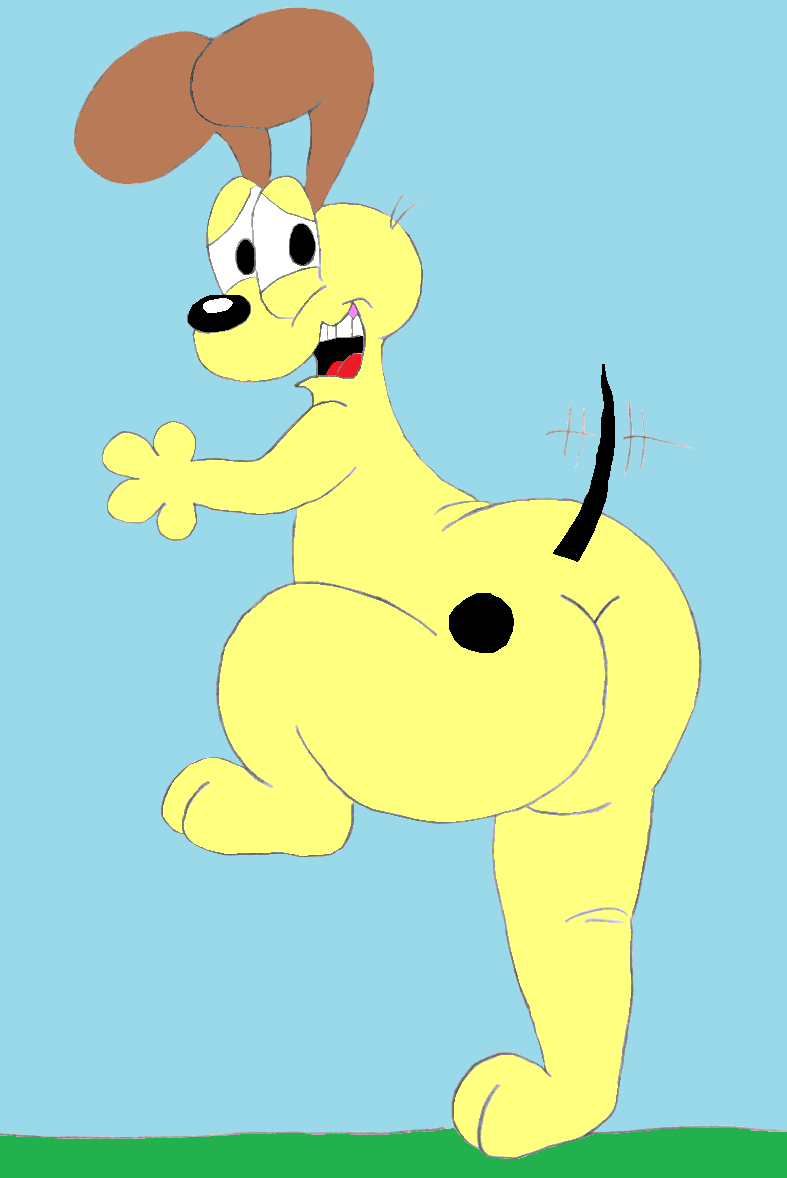 1boy ass big_ass canid canine embarrassed garfield_(series) looking_back male male_only odie raised_tail rear_view simple_background solo tailwag tbfm