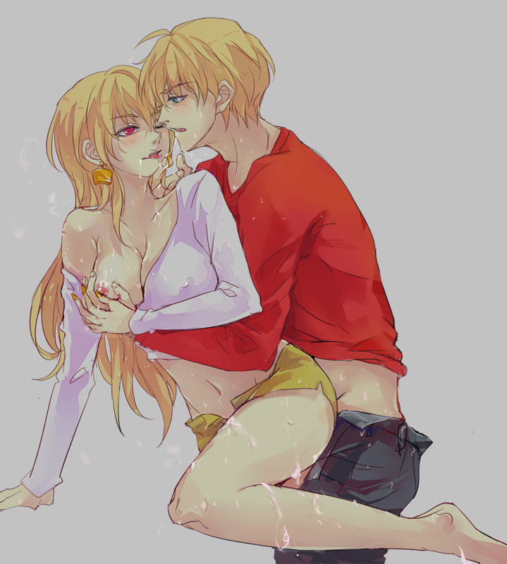 arthur_pendragon_(fate) blonde_hair breast_grab breasts cum fate/prototype fate/stay_night fate_(series) gender_transformation gilgamesh_(fate) one_eye_closed red_eyes rule_63 saliva tongue_out