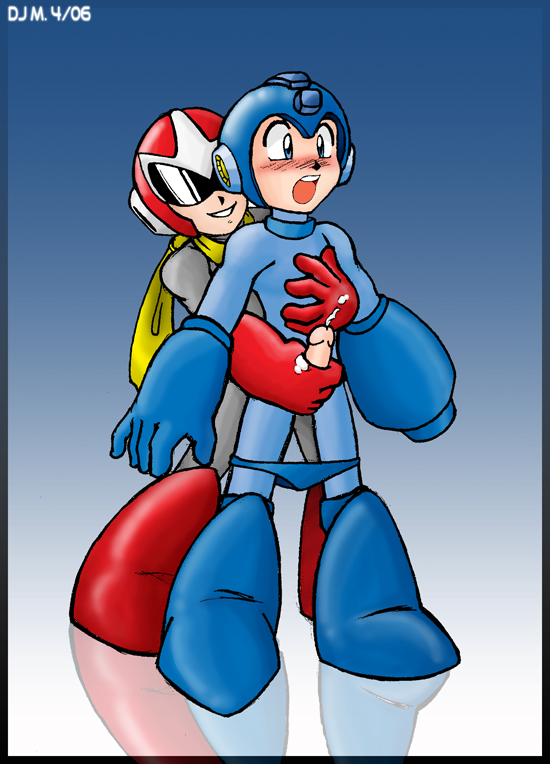 blue_eyes blush cum cum_on_hand ejaculation from_behind gay handjob male mega_man mega_man(classic) open_mouth penis proto_man reach_around smile tagme