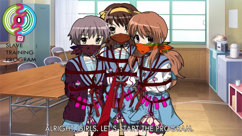 3girls asahina_mikuru bondage bound clothing collar crotch_rope egg_vibrator female female_focus fully_clothed gag gagged kidnapped leash multiple_girls multiple_subs multiple_views nagato_yuki nipple_vibrator raydo94 rope sex_toys skirt slave suzumiya_haruhi suzumiya_haruhi_no_yuuutsu tape too_many_vibrators vibrator