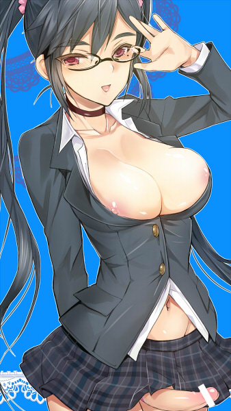 1futa, adjusting glasses, areola, areola slip, bar censor, black hair, breasts, censored, choker, cleavage, coin rand, erect nipples, erection, erection under clothes, erection under skirt, eyebrows, futa only, futa sans balls, futanari, glasses, hair, intersex, large breasts, long hair, mole, navel, nipple bulge, nipple slip, nipples, no bra, no panties, original, penis, penis under clothes, penis under skirt, plaid skirt, rand (artist), red eyes, skirt, skirt lift, solo, tied hair, twintails
