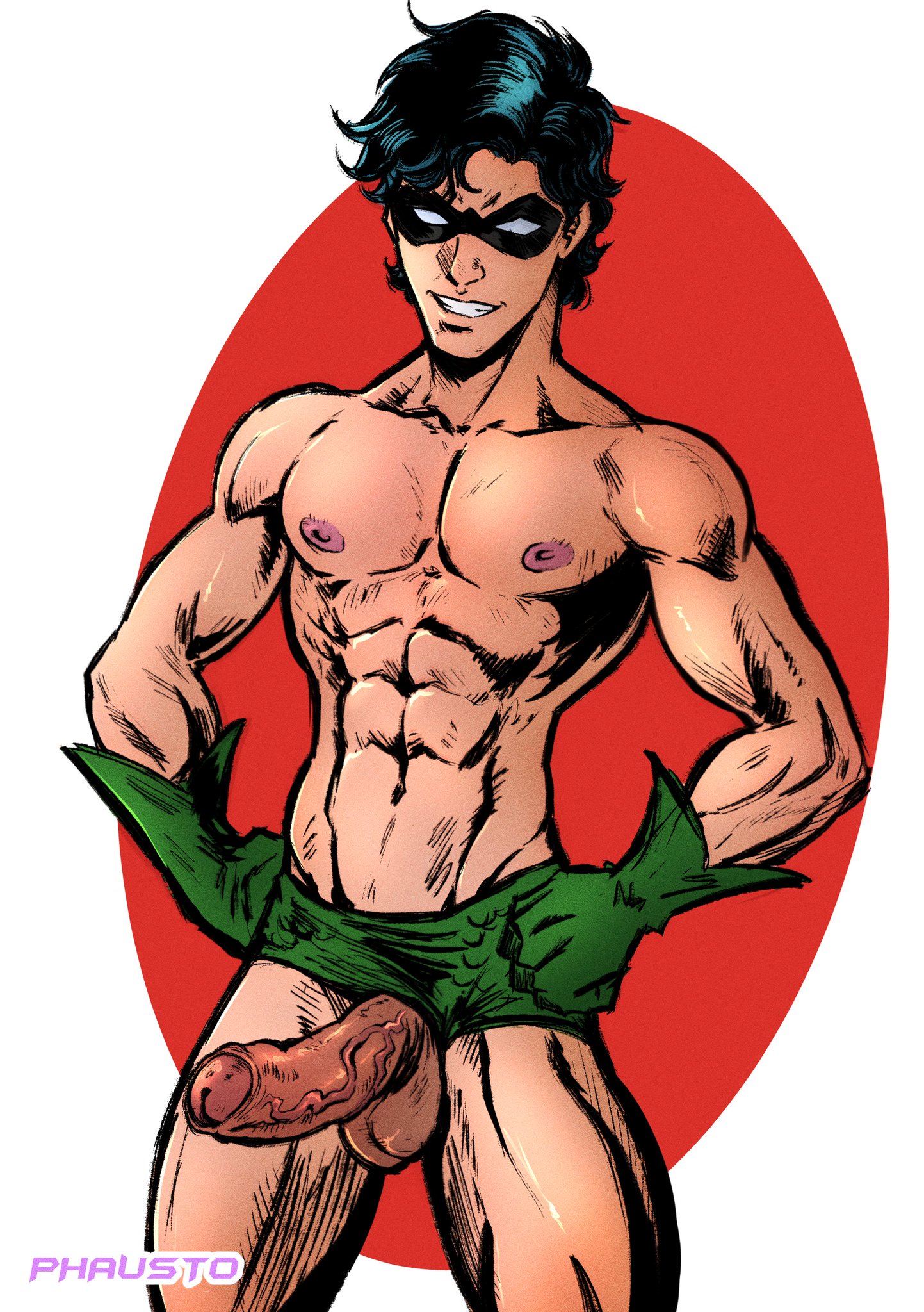 1boy, abs, balls, batman (series), black hair, caucasian, caucasian male, dc, dc comics, dick grayson, erect penis, erection, foreskin, male, male focus, male only, masked, muscles, muscular, muscular male, nipples, partially retracted foreskin, penis, penis out, penis out of underwear, phausto, posing, retracted foreskin, robin (dc), robin (dick grayson), solo, solo focus, teen titans, teenage male, uncensored, uncircumcised, uncut, veiny penis, yaoi