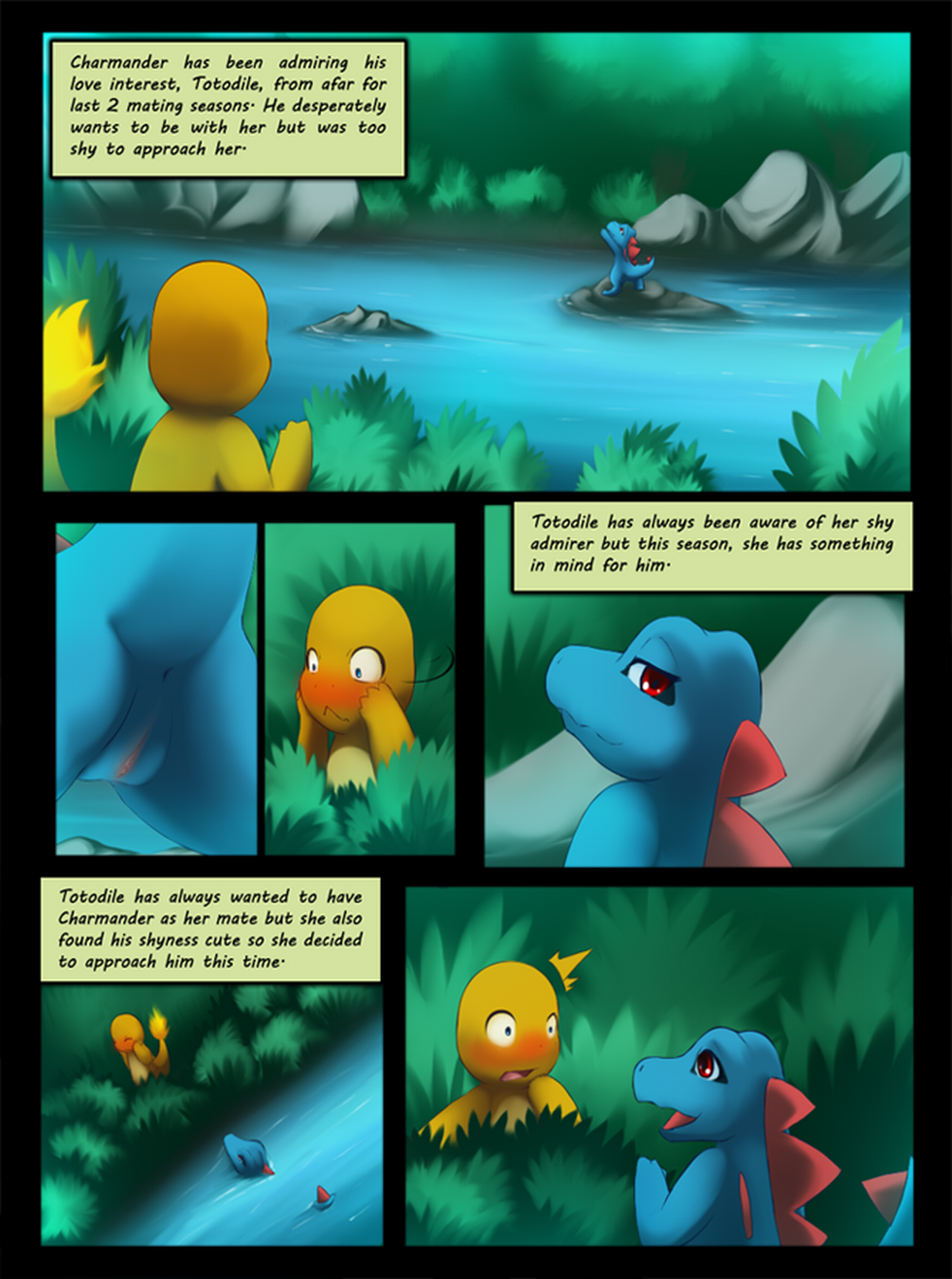 charmander color comic darkmirage english_text female fire interspecies male nintendo outdoors pokémon_(species) pokemon pokemon_gsc pokemon_rgby tail tail_fire totodile