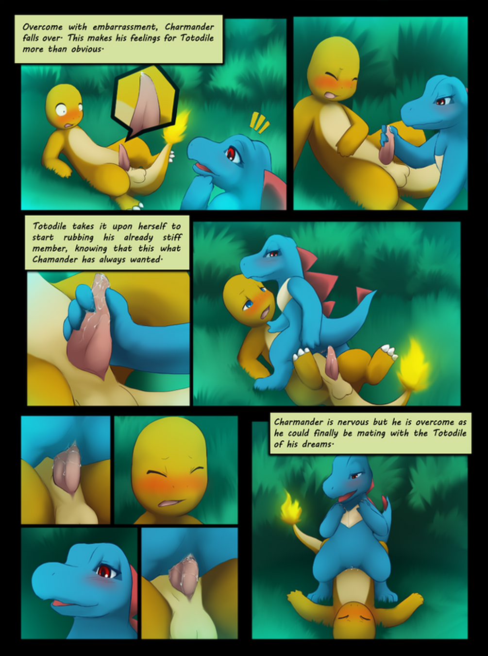 blush charmander color comic cowgirl_position darkmirage female fire handjob interspecies male nintendo outdoors pokémon_(species) pokemon pokemon_gsc pokemon_rgby sex straight tail tail_fire text totodile vaginal_penetration