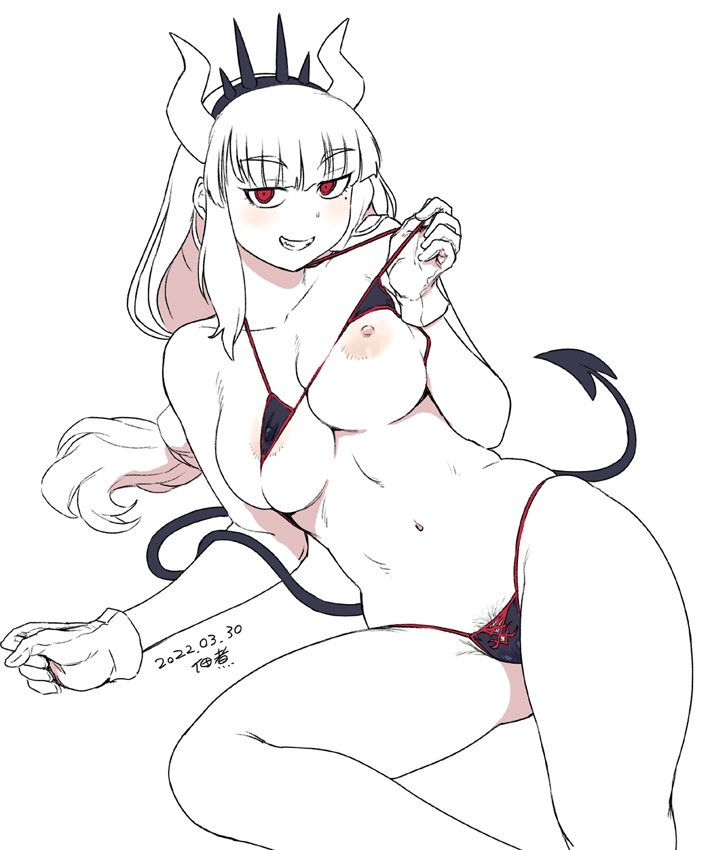 demon, demon girl, demon tail, female, gloves, helltaker, horns, lucifer (helltaker), pubic hair, red eyes, swimsuit, tagme, tsukudani (coke-buta), white hair