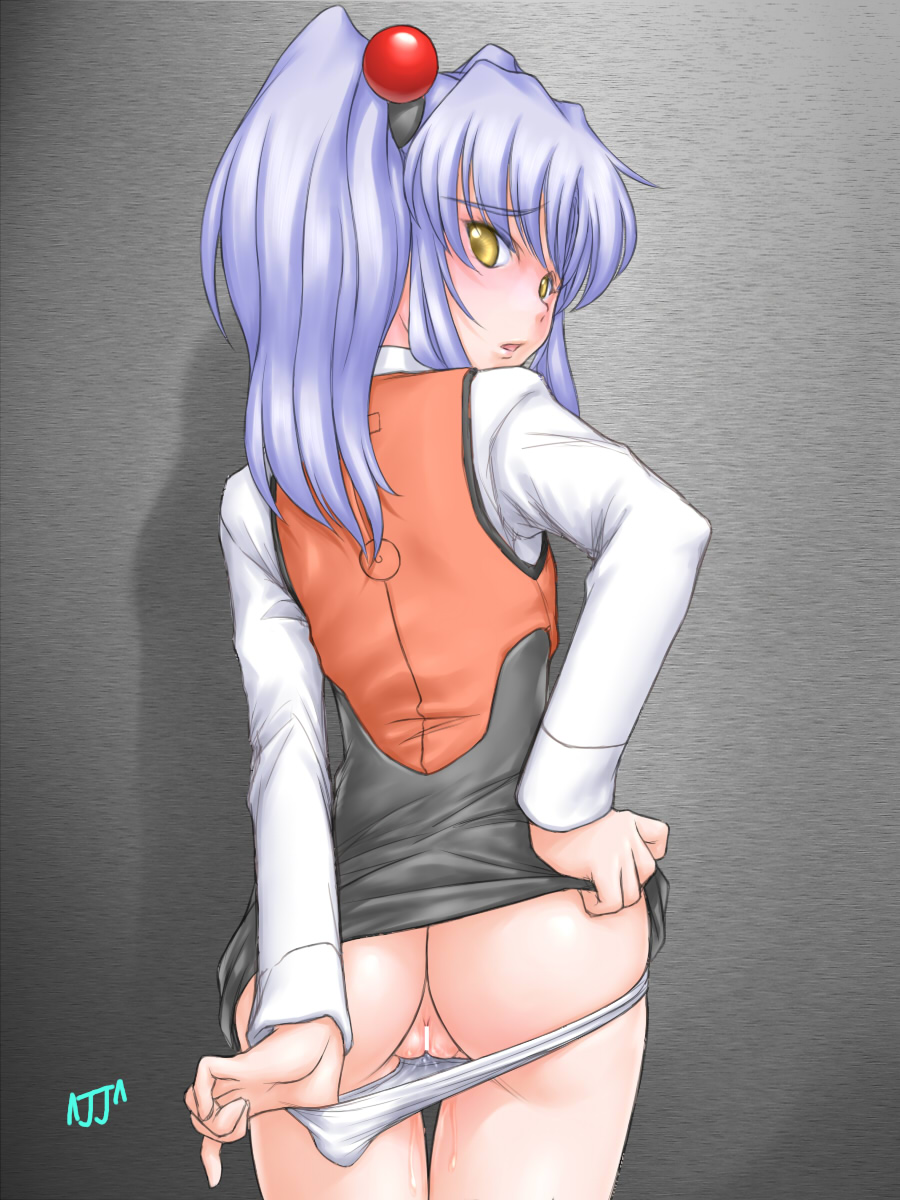 1girls ^jj^ ass blue_eyes blue_hair blush breasts female femcum_under_clothes from_behind highres human long_hair looking_back martian_successor_nadesico military_uniform open_mouth pale-skinned_female pale_skin panties panty_pull presenting presenting_hindquarters pussy pussy_juice_drip pussy_juice_on_panties pussy_juice_trail pussy_peek ruri_hoshino skirt solo tied_hair twintails underwear uniform yellow_eyes