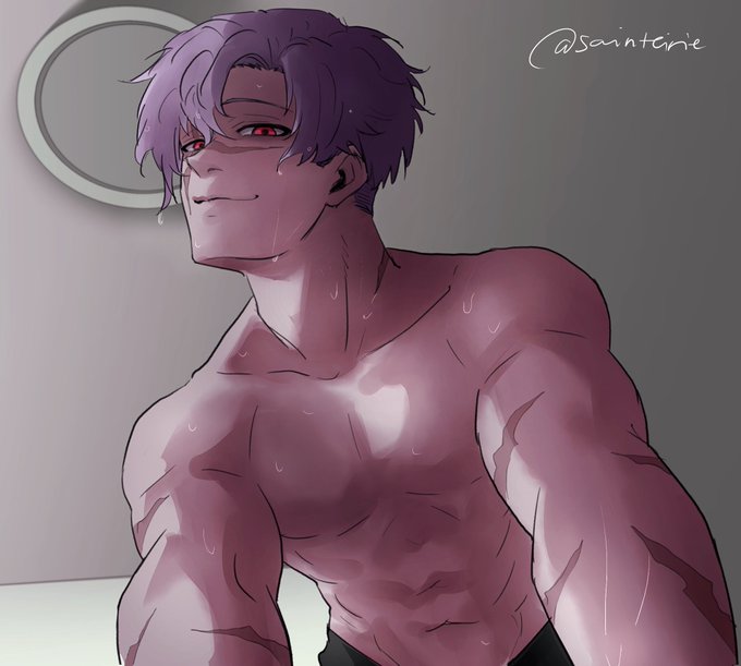 1boy, 1male, after shower, artist name, black pants, blue lock, boy, bunny iglesias, colored, dark eyes, grey wall, half clothed, half clothed male, half naked, lamp, light pink hair, light purple hair, light skin, light-skinned male, lilac hair, living room, male, male only, muscles, no nipples, pants, pinning down, red eyes, scars, scars all over, smile, smirk, solo, solo focus, solo male, sweatdrop, sweaty, water drop, water droplets, waterdrops, wet, wet body, wet skin