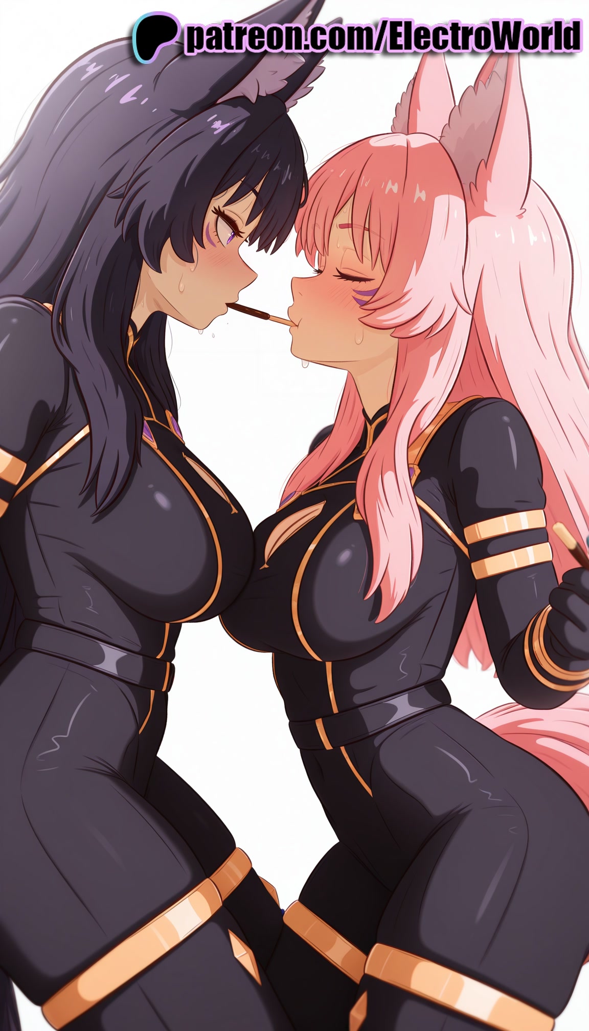 1girls, 2025, 2girls, ai generated, animal ear fluff, animal ears, artist name, black hair, blush, breasts, bust, chest, dark skin, dark-skinned female, delta (the eminence in shadow), electroworld, female, food, food in mouth, hi res, high quality, high resolution, highres, long hair, multiple girls, patreon, patreon username, pink hair, pocky, pocky day, pocky kiss, shared food, stable diffusion, the eminence in shadow, watermark, yuri