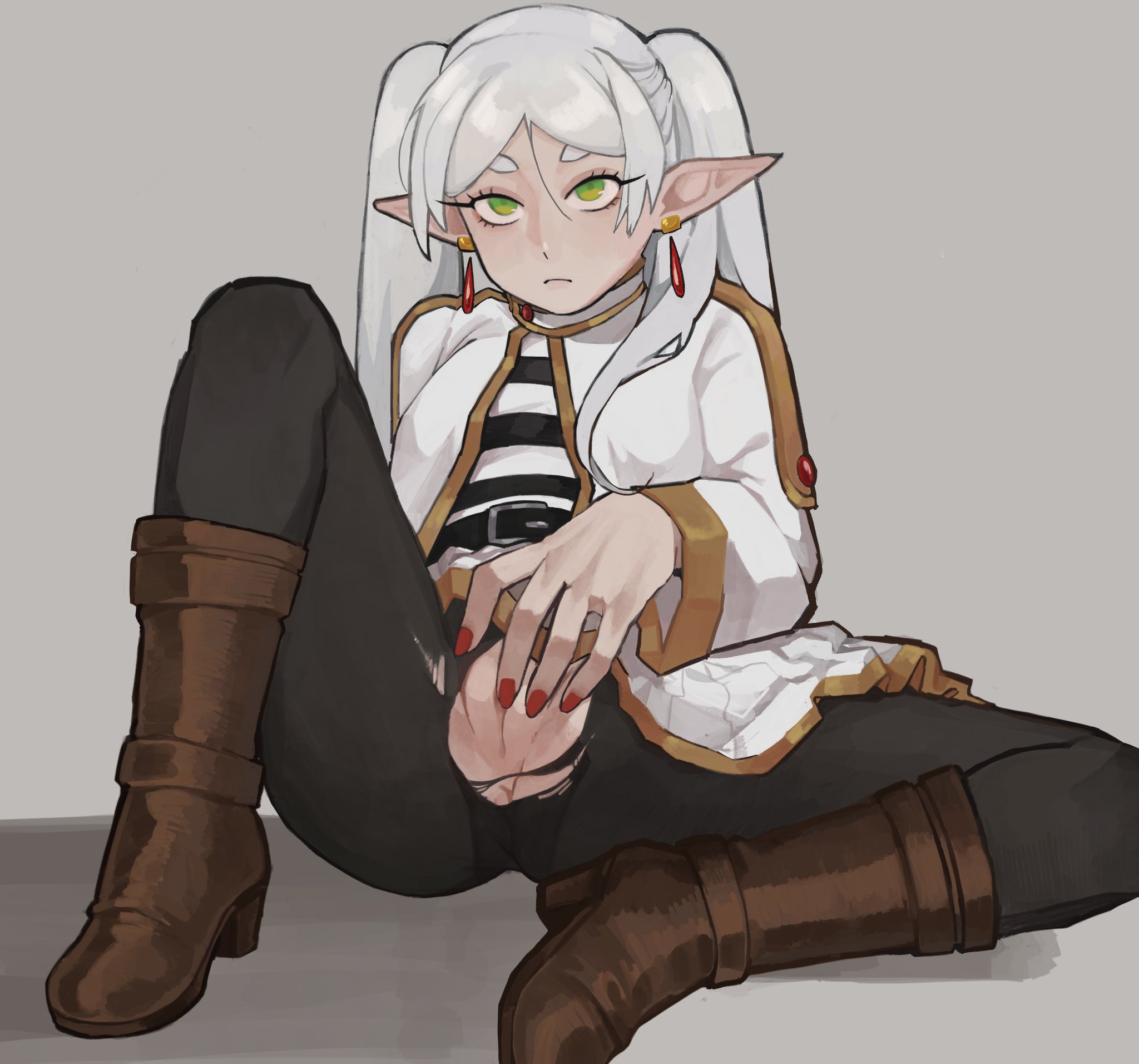 1girls, boots, coat, earrings, elf, elf ears, elf girl, frieren, frieren beyond journey's end, green eyes, long ears, long hair, long sleeves, minominoks, no panties, no penetration, no pubic hair, only female, pussy, red earrings, red nails, ripped clothing, ripped pantyhose, shaved pussy, solo, twintails, white hair