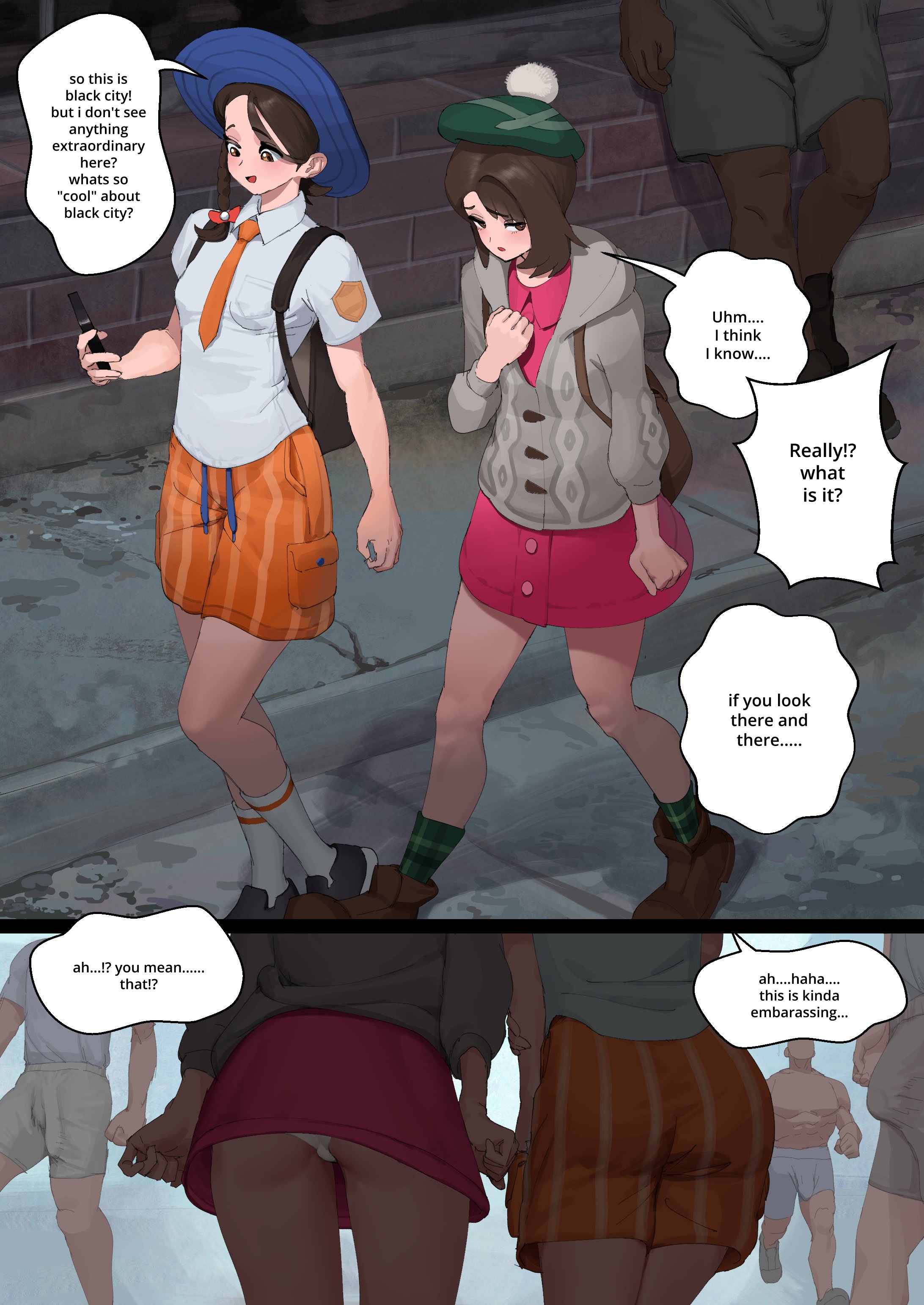 2025, 2d, 2girls, 4boys, ass, ass focus, big ass, big penis, black city, black text, brown eyes, brown hair, brown-eyed female, brown-haired female, bulge, bulge through clothing, bulge under clothes, city, clothed female, clothing, crotch bulge, cute clothing, cute expression, cute face, dark skin, dark-skinned male, detailed background, detailed clothing, dialogue, english text, female, gloria (pokemon), hat, human, imminent sex, interracial, juliana (pokemon), knees, light skin, light-skinned female, male, miniskirt, multiple boys, multiple views, muscular male, nervous, nintendo, orange shorts, orange tie, outdoors, panties, pants, pink clothing, pokemon, pokemon ss, pokemon sv, pov ass, sidewalk, small breasts, socks, socks and shoes, street, text, three-tone clothing, trembling, underskirt, unseen male face, urban, urban background, urban setting, walking, white panties, white speech bubble, wjs07