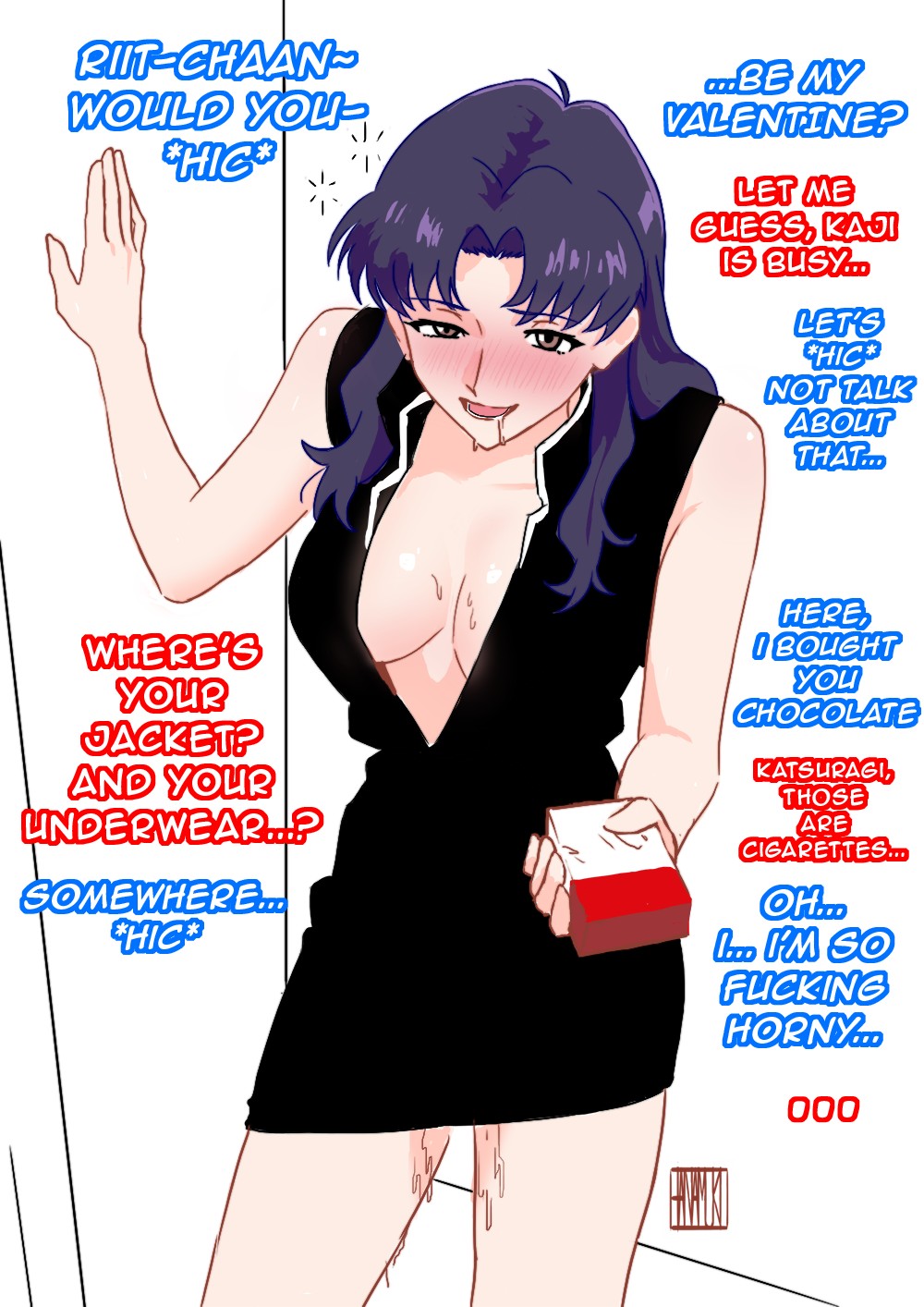1girls, 2d, 2d (artwork), 2d artwork, adult, adult female, arm support, aroused, aroused expression, aroused face, aroused female, aroused look, aroused smile, big breasts, black clothes, black dress, black hair, black outfit, black topwear, black-haired female, breasts, brown eyes, brown-eyed female, busty, busty female, busty girl, cleavage, clothes, collarbone, dialogue, dialogue box, dialogue bubble, digital, digital art, digital drawing, digital drawing (artwork), digital media, digital media (artwork), dress, drugged, drunk, drunk blush, drunk female, drunken eyes, elbows, english, english dialogue, english text, female, female focus, female only, fingers, hanamuko (hana muko), high resolution, highres, horny, horny expression, horny eyes, horny female, horny smile, hourglass figure, large boobs, large breasts, lean figure, long hair, looking at viewer, lustful expression, lustful eyes, lustful gaze, mature, mature female, misato katsuragi, narrow waist, neon genesis evangelion, open mouth, open mouth smile, outfit, parted bangs, parted lips, plump breasts, pussy juice, pussy juice drip, shoulders, simple background, slender body, slender waist, slim waist, smile, smiley face, smiling, smiling at viewer, solo, standing, text, text box, text bubble, thick thighs, thighs, tongue, topwear, upper body, vaginal juice, vaginal juice drip, white background, wide hips