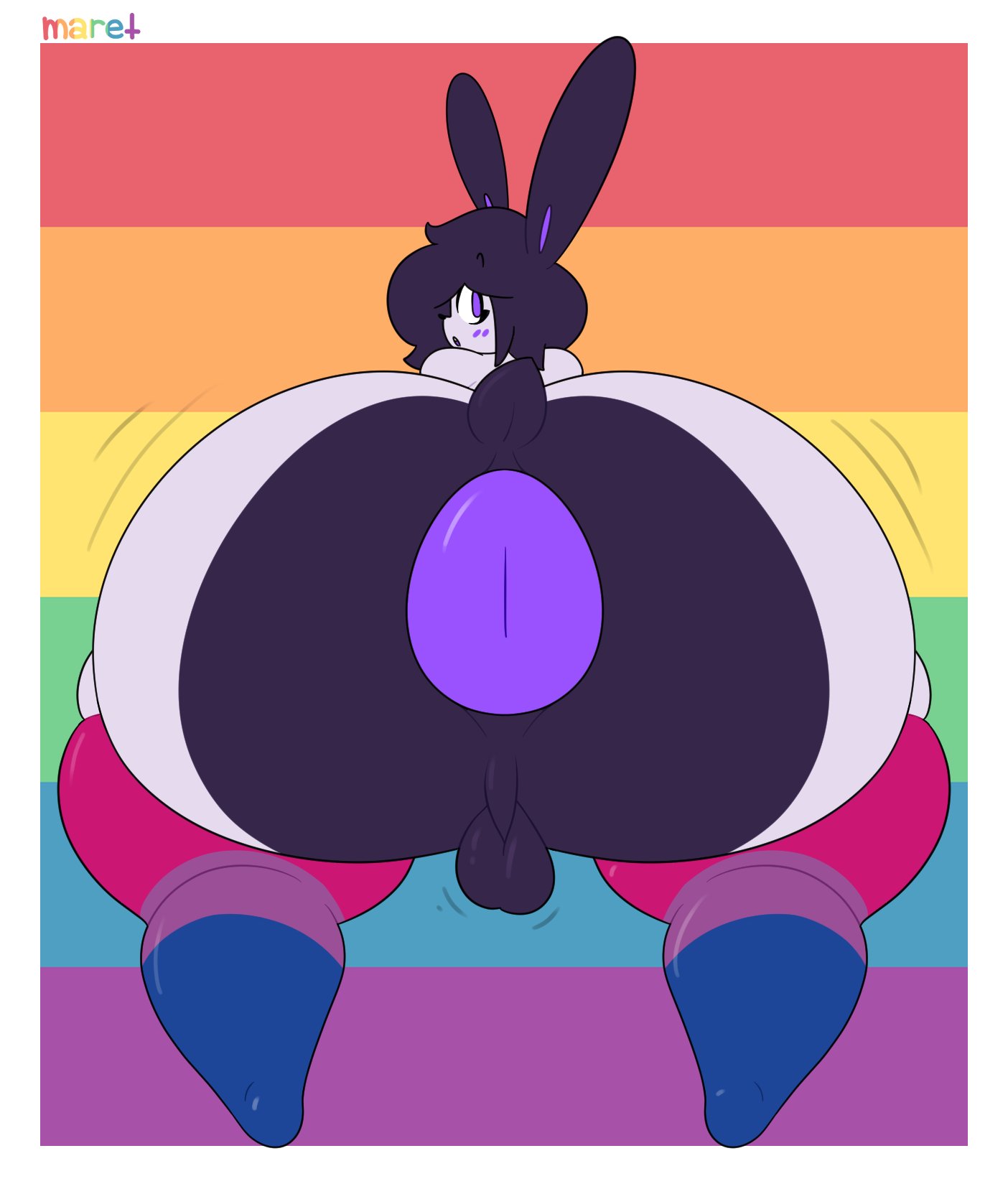2023, 2d, anthro, ass focus, big ass, bisexual pride colors, black hair, bubble butt, bunny, bunny boy, bunny ears, dat ass, donut anus, doughy ass, dumptruck ass, evilfiendish, femboy, fur, furry, gay, huge ass, lagomorph, looking at viewer, looking back, mare (evilfiendish), massive ass, massive thighs, pride colors, purple anus, purple eyes, rabbit, rabbit boy, surprised, surprised look, thick thighs, thighhighs