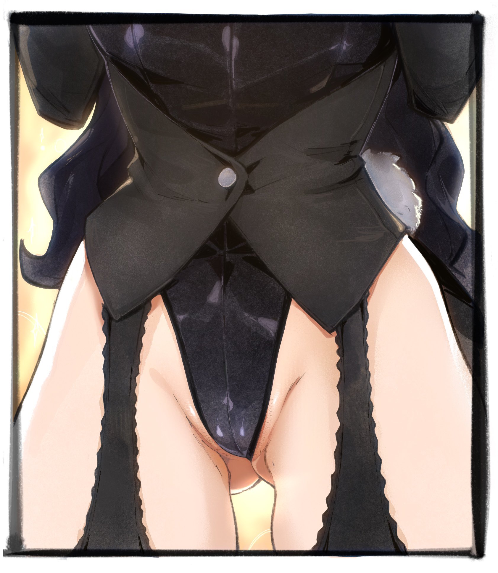 acht, black hair, black leotard, border, cameltoe, fake tail, female, garter straps, gluteal fold, highleg, highleg leotard, highres, izayoi arisa, kitagawa marin, lace garter straps, leotard, long hair, lower body, momdadno, playboy bunny vest, rabbit tail, solo, sono bisque doll wa koi wo suru, tail, teenager, thigh gap, thighs, very long hair, white border