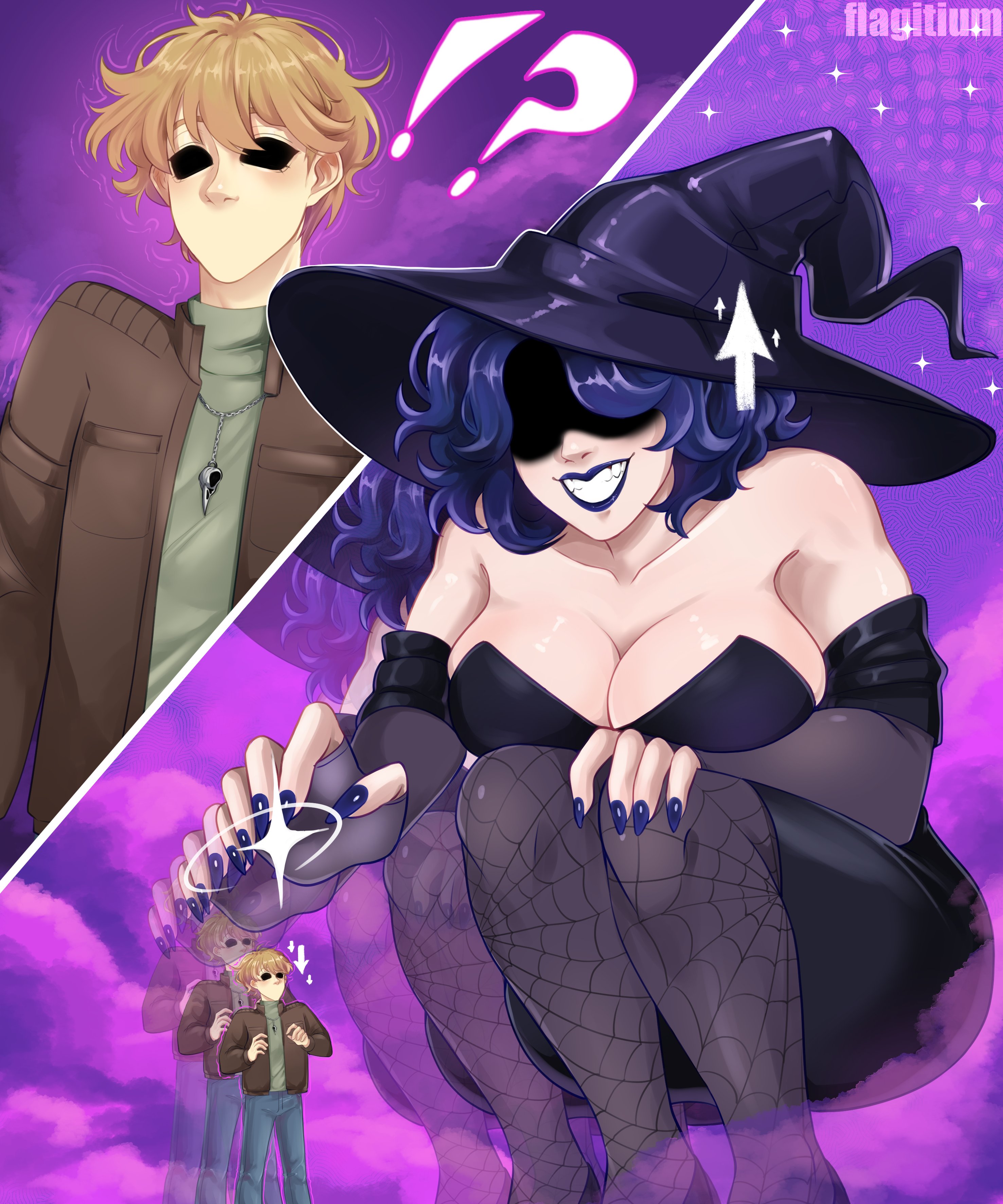 1boy, 1girls, big breasts, blue hair, blue hair female, breasts, cordelia valentine, dead estate, flagitium, giant female, giant woman, giantess, height difference, height growth, height reduction, large boobs, large breasts, mask, masked, masked male, original character, shrunk, shrunken male, size difference, size fetish, size theft, size transformation, witch, witch hat