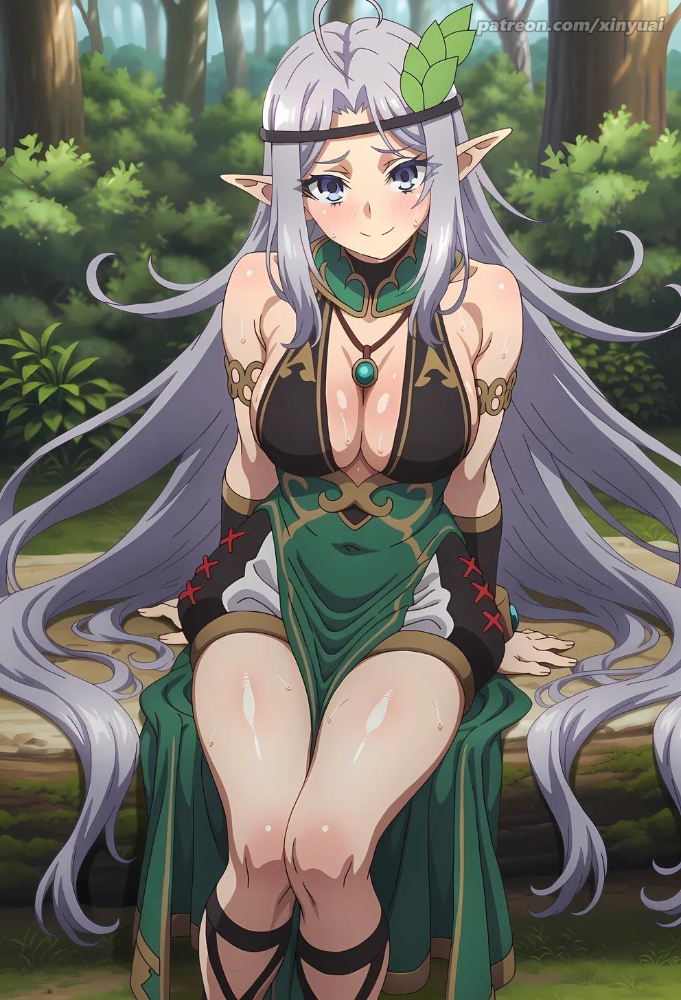 ahoge, ai generated, armlet, bare shoulders, blush, breasts, cleavage, closed mouth, dress, elf, feet out of frame, female, forest, green dress, grey eyes, grey hair, hair ornament, headband, jewelry, kris argent, large breasts, leaf hair ornament, long hair, looking at viewer, nageki no bourei wa intai shitai, nature, necklace, outdoors, pelvic curtain, pointy ears, sitting, smile, solo, sweat, tree, very long hair, xinyuai
