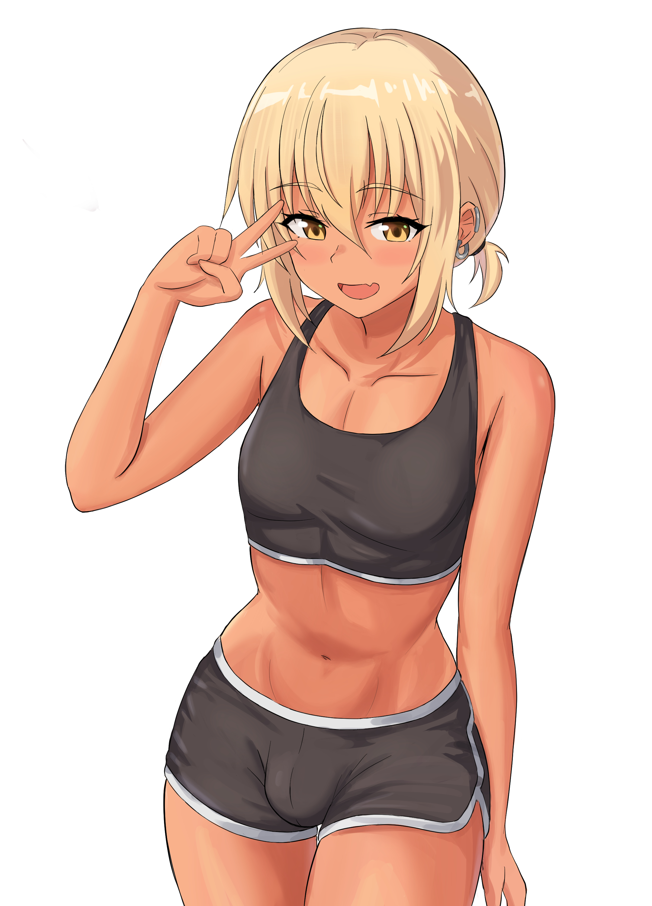 1boy, amber eyes, blonde hair, bulge, crossdressing, cute fang, dark skin, dark-skinned femboy, dark-skinned male, ear piercing, earrings, femboy, gyaru, kurofuro, looking at viewer, male, navel, otoko no ko, peace sign, short shorts, shorts, solo, sports bra, sportswear, tanned, trap, white background