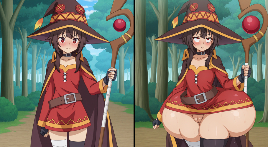 1girls, absurdres, aged up, ai generated, alternate body type, areola, areola slip, areolae, ass, ass expansion, bangs, before and after, belt, belt buckle, big ass, big thighs, black belt, black gloves, black hair, black legwear, blush, bottom heavy, bottomless, brown hair, bubble ass, bubble butt, buckle, butt expansion, cameltoe, cape, choker, collar, collarbone, cowboy shot, curvaceous, curvy, dress, expansion, expansion sequence, eyebrows visible through hair, female, female focus, female only, fingerless gloves, full body, gigantic ass, gigantic butt, gloves, hat, hi res, high resolution, highres, hips, huge ass, huge butt, inflation, kono subarashii sekai ni shukufuku wo!, looking at viewer, looking to the side, makeup, megumin, navel, nipples, no bra under clothes, pussy, red dress, red eyes, sequence, short hair, short hair with long locks, single thighhigh, solo, solo female, standing, standing female, straight hair, thick ass, thick legs, thick thighs, thighhighs, thighs, upper body, voluptuous, voluptuous female, wide hips, witch hat, wittax