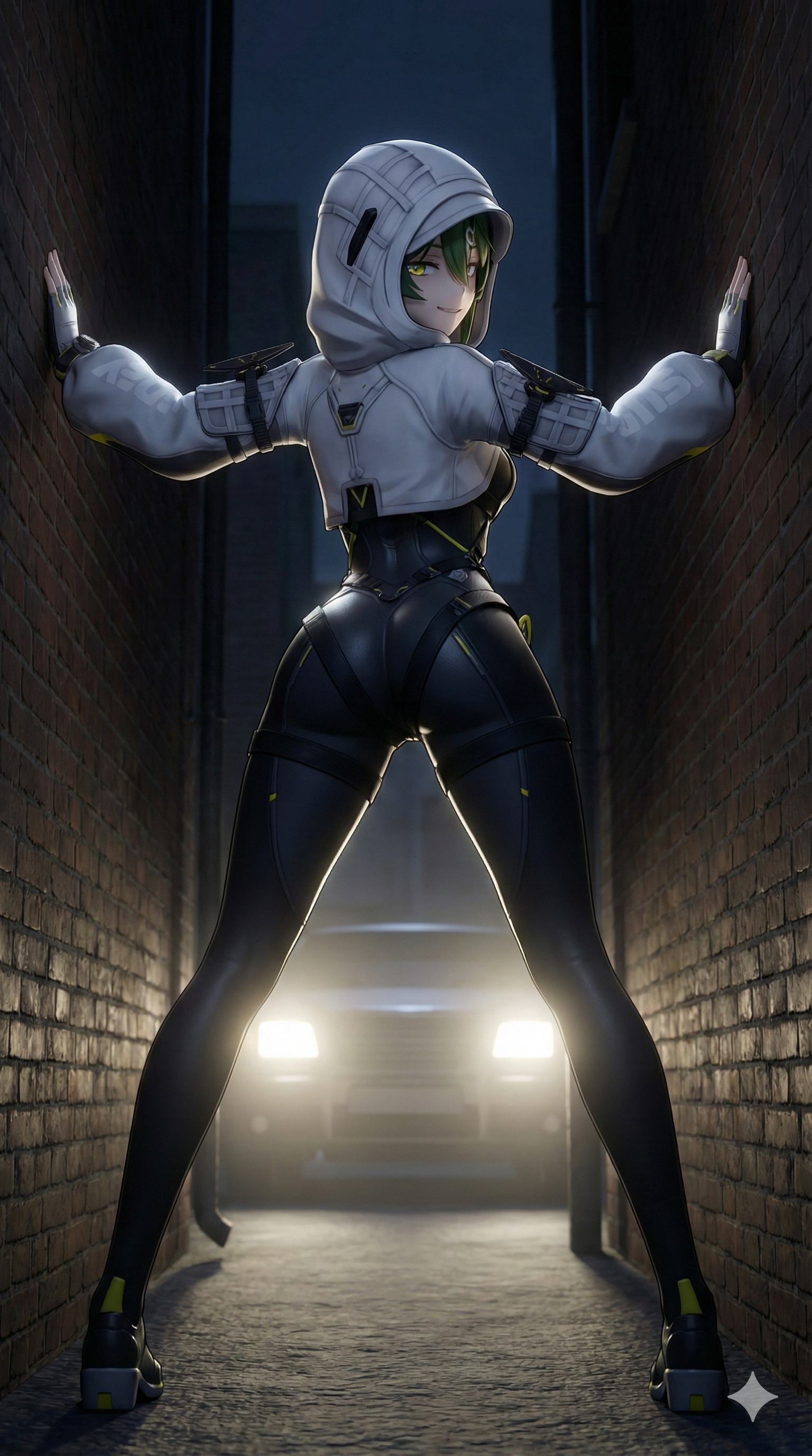 1girls, ai art, ai generated, arknights, arknights: endfield, black body, fluorite (arknights: endfield), green eyes, green hair, legs, leotard, long legs, seductive body, seductive pose, seductive smile, stance, straitjacket, tights