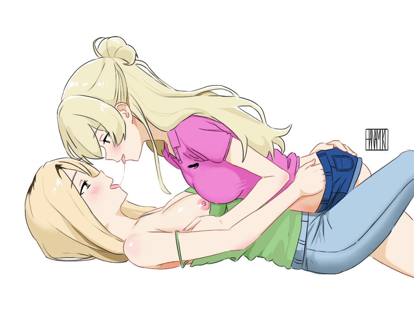 2d, 2d (artwork), 2d artwork, 2girls, after kiss, areolae, blonde eyebrows, blonde female, blonde hair, blonde hair female, blonde-haired female, blue eyes, blue-eyed female, blush, blush face, blushing at another, blushing at partner, blushing female, blushing lines, breast press, breast press on chest, breast squeeze, breasts, breasts press, breasts pressed against another, breasts pressed against partner, breasts pressed together, class of '09, collarbone, daughter, digital, digital art, digital drawing, digital drawing (artwork), digital media, digital media (artwork), elbows, eyebrows visible through hair, female, female focus, female only, fingers, hair between eyes, hair bun, half-closed eyes, hanamuko (hana muko), high resolution, highres, incest, jecka (class of '09), knees, large breasts lesbian, lean figure, lesbian focus, lesbian kiss, lesbian only, lesbian pleasure, long hair, lying, lying down, lying on another, lying on back, lying on breasts, lying on floor, lying on ground, lying on person, lying on stomach, medium breasts, mother, mother and daughter, multiple females, multiple girls, mutual yuri, narrow waist, nipples, on back, on breasts, on floor, on stomach, open mouth, open mouth smile, parted lips, pressing breast on partner, pressing breasts, pressing breasts together, pushing breasts together, pushing breasts up, saliva, saliva on tongue, saliva string, saliva trail, salivating, shoulders, simple background, slender body, slender waist, slim waist, smile, smiley face, smiling, smiling at another, smiling at partner, squeezing breast, squeezing breasts, squeezing breasts together, strap slip, thighs, tongue, tongue out, uncensored, uncensored breasts, uncensored nipples, upper body, white background, yellow eyebrows, yellow hair, yellow-haired female, yuri, yuri kiss