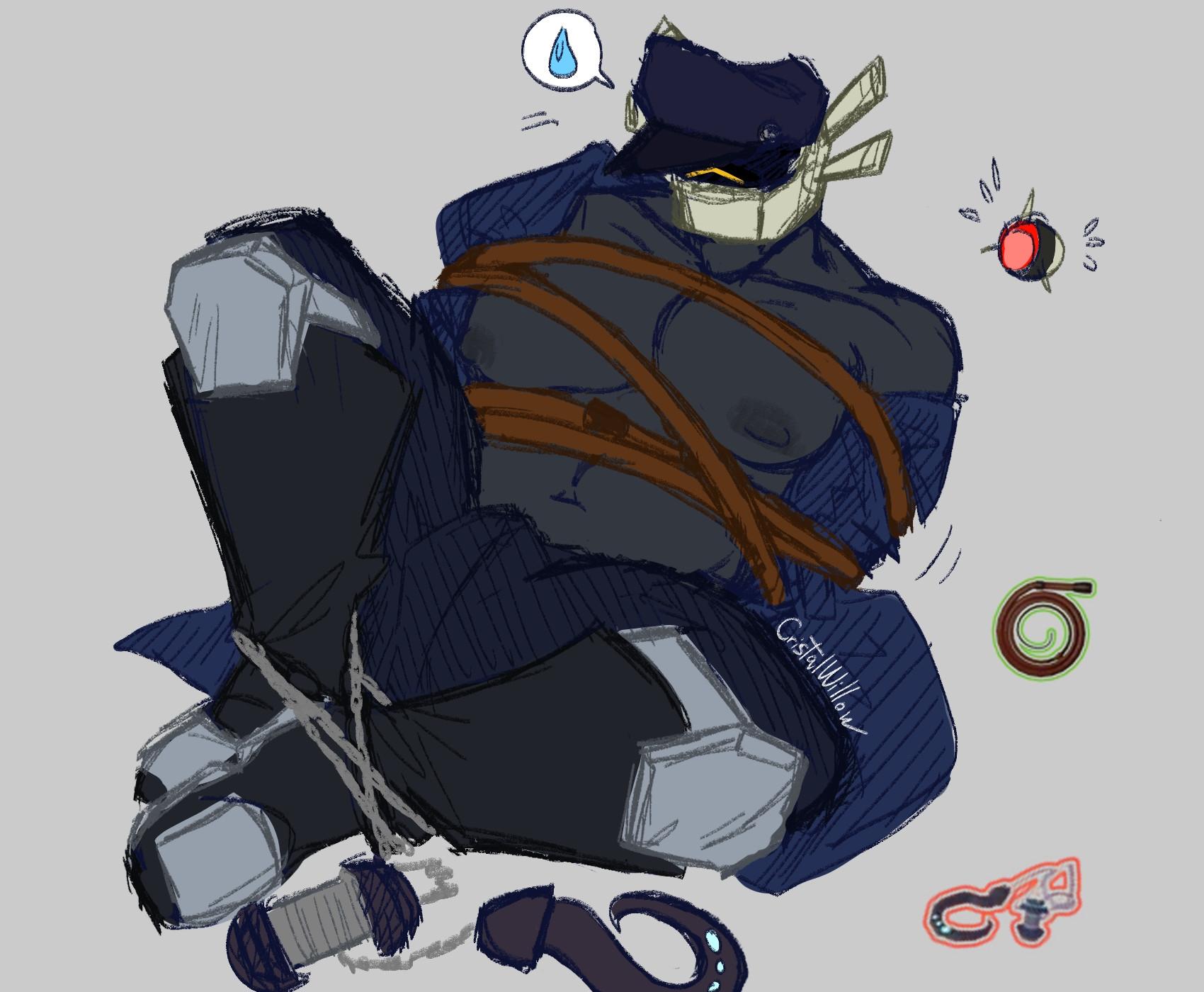 1boy, 2025, ankles tied, arms behind back, bara, bear (body type), belly, black body, blue clothing, bondage, boots, bulge, captain (risk of rain), dark body, dark skin, gay, hat, helmet, hook, jacket, knee pads, male, male breasts, male only, man boobs, masked, masked male, meat hook, movement lines, musclegut, muscular, nipples, no visible genitalia, pants, risk of rain, risk of rain 2, shirtless, sitting, solo, solo male, struggling, sweatdrop, tied up, unseen male face, whip, white background, yaoi