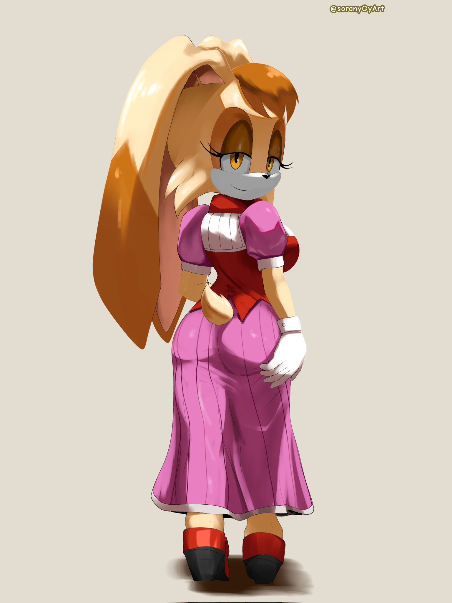 1girls, anthro, ass, ass visible through clothes, brown eyes, bubble butt, clothed, clothed female, clothing, dress, female, fur, long ears, looking at viewer, looking back, looking back at viewer, orange hair, rabbit, rabbit ears, rabbit girl, rabbit humanoid, rear view, sega, solo, solo female, solo focus, sonic (series), sonic the hedgehog (series), soranygy, tail, vanilla the rabbit