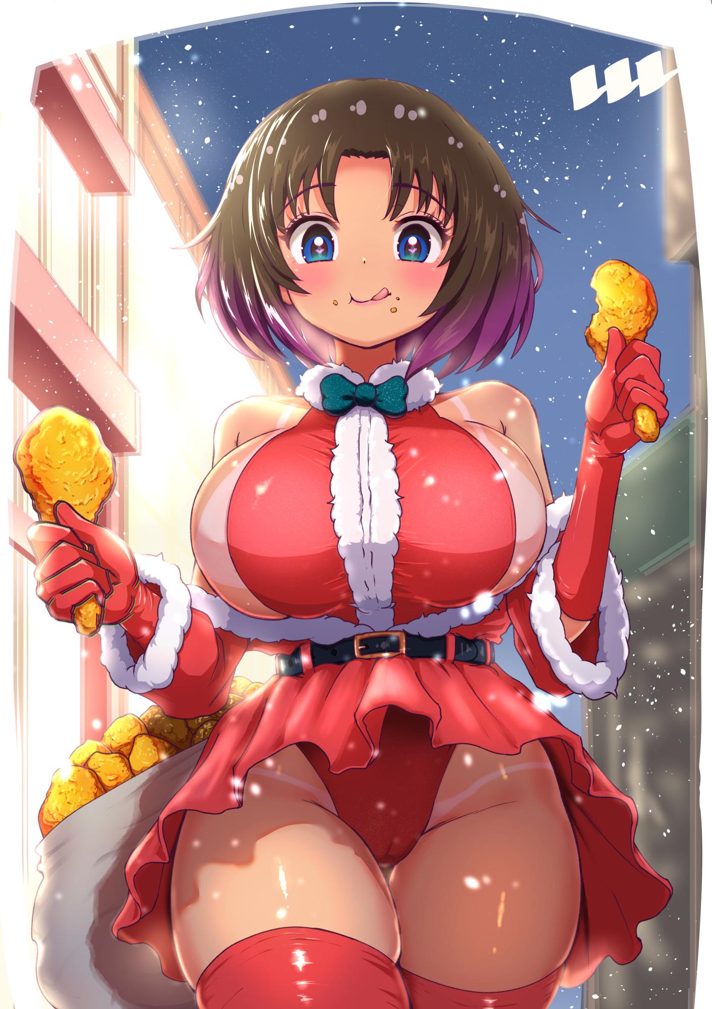 blush, cameltoe, christmas, closed mouth, eating, elma (dragon maid), fried chicken, holding food, huge breasts, kobayashi-san chi no maidragon, licking lips, miss kobayashi's dragon maid, ozrereresan, smile, tan body, tanline, tanlines, thick thighs, thighhighs, wide hips