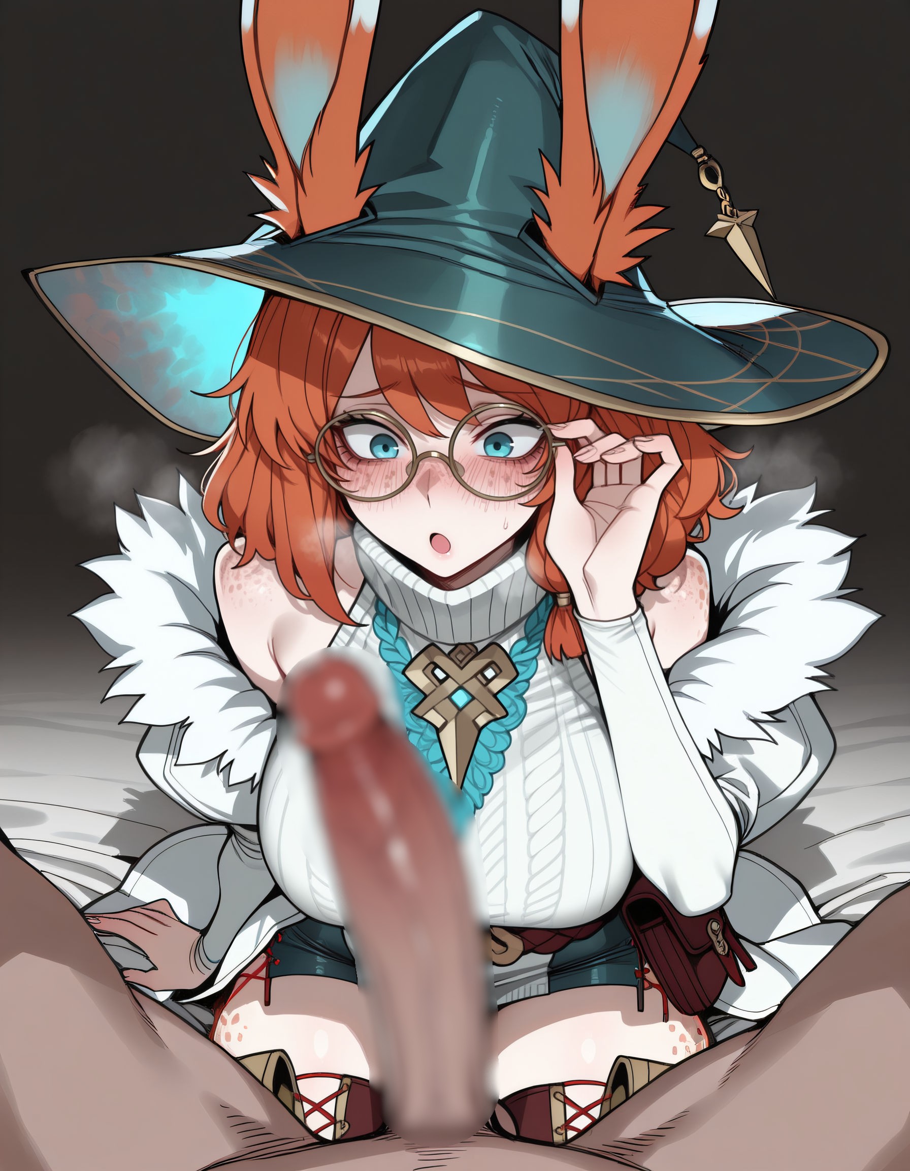 1boy, ai, ai art, ai generated, aurora (league of legends), blush, censored, crotch, glasses, hat, large breasts, large penis, league of legends, looking at penis, rabbit ears, rabbit girl, riahri, vastaya