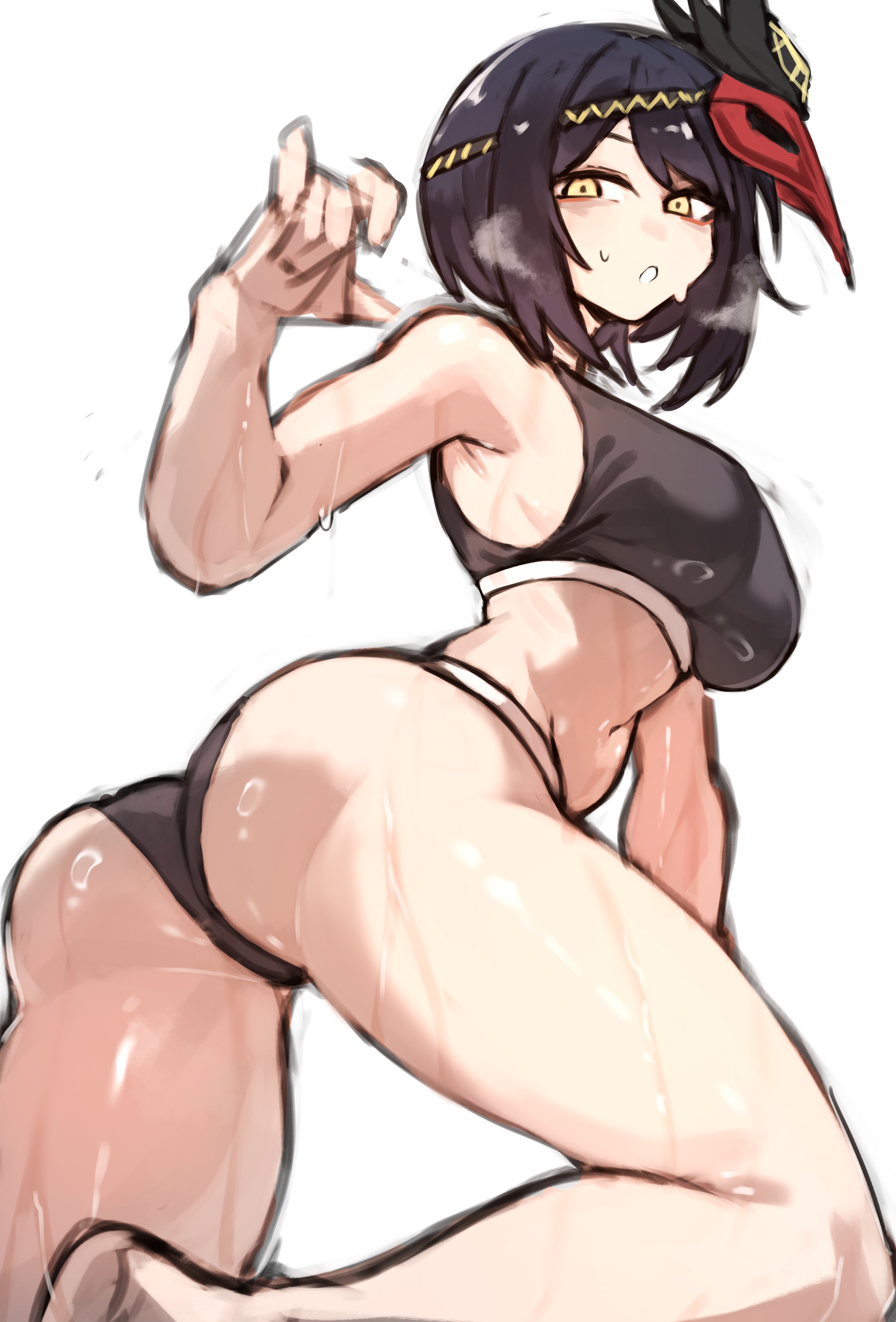 absurdres, armpits, bare legs, bare shoulders, black hair, black panties, black sports bra, breasts, calvin klein, female, genshin impact, gold trim, highres, kujou sara, large breasts, looking at viewer, mask, midriff, panties, shigezie, single bare foot, sports bra, sweat, sweatdrop, underwear, yellow eyes