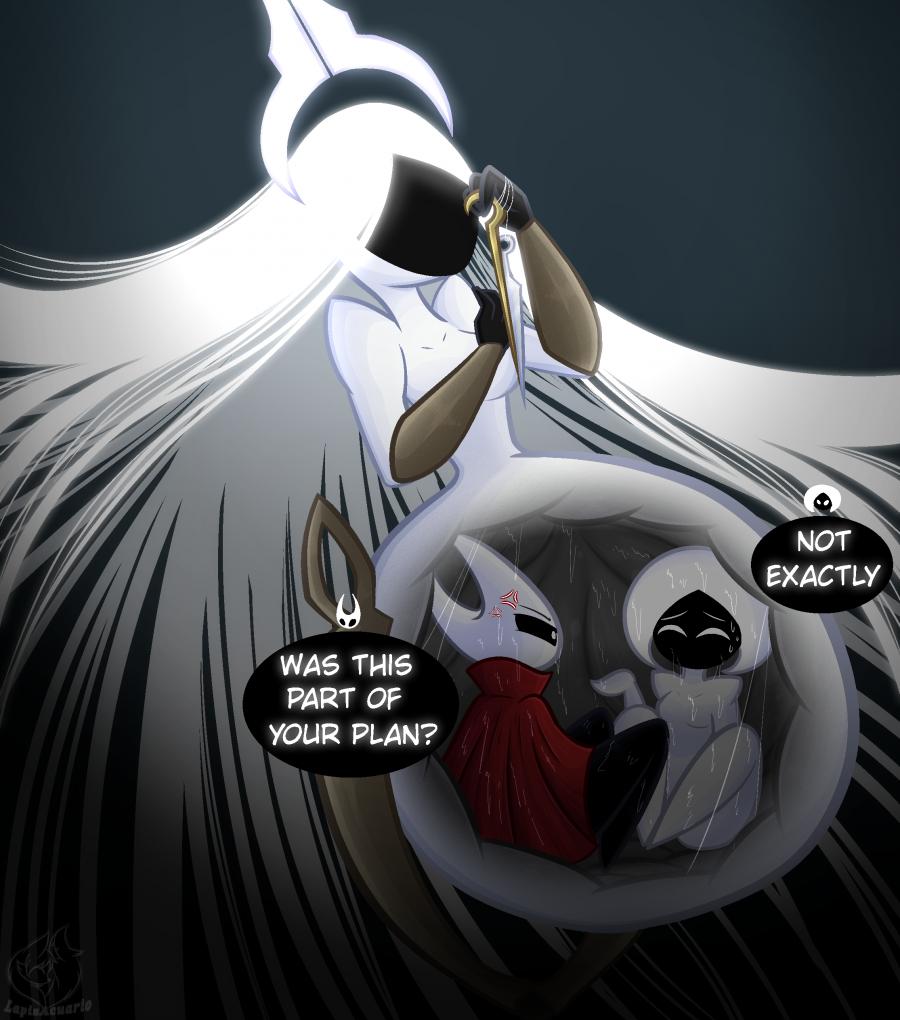 3girls, anthro, arthropod, comic, english text, female, female pred, giantess, grand mother silk, hollow knight, hollow knight: silksong, hornet (hollow knight), hyper, hyper belly, lace (hollow knight), lapizacuario, vore, vore belly
