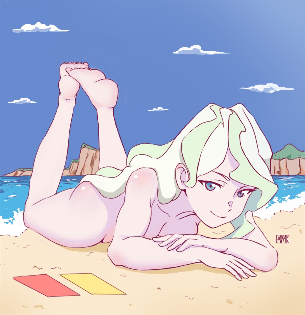 1girls, 2d, 2d (artwork), 2d artwork, ankles, arm support, ass, bare calves, bare chest, bare hands, bare hips, bare knees, bare legs, bare shoulders, bare soles, bare thighs, barefoot, beach, blue eyes, blue sky, blue-eyed female, breasts, calves, cleavage, closed mouth smile, clouds, coast, collarbone, completely naked, completely naked female, completely nude, completely nude female, curvaceous, curvaceous body, curvaceous female, curvaceous figure, curvaceous hips, curvaceous teen, curvaceous thighs, curvy, curvy body, curvy female, curvy figure, curvy hips, curvy teen, curvy thighs, day, daytime, diana cavendish, digital, digital art, digital drawing, digital drawing (artwork), digital media, digital media (artwork), elbows, exposed arms, exposed chest, exposed hips, exposed legs, exposed shoulders, exposed skin, exposed thighs, exposed toes, feet, feet up, female, female focus, female only, fingers, foot up, full body, fully naked, fully nude, giant female, giantess, green hair, green-haired female, hanamuko (hana muko), high resolution, high school student, highres, horizon, hourglass figure, knees, lean figure, leg up, legs, legs up, little witch academia, long hair, looking at viewer, lying, lying down, lying on breasts, lying on floor, lying on ground, lying on stomach, medium breasts, naked, naked female, naked woman, narrow waist, nude, nude female, nudity, ocean, on breasts, on floor, on stomach, outdoor, outdoor nudity, outdoors, outside, parted bangs, petite, petite body, petite breasts, petite female, petite girl, petite tits, sand, school girl, sea, seaside, shoulders, sky, slender body, slender waist, slim waist, smile, smiley face, smiling, smiling at viewer, smirk, soles, solo, teen girl, teenage girl, teenager, thick thighs, thighs, toes, topless, topless female, wavy hair, wide hips, young female, young woman