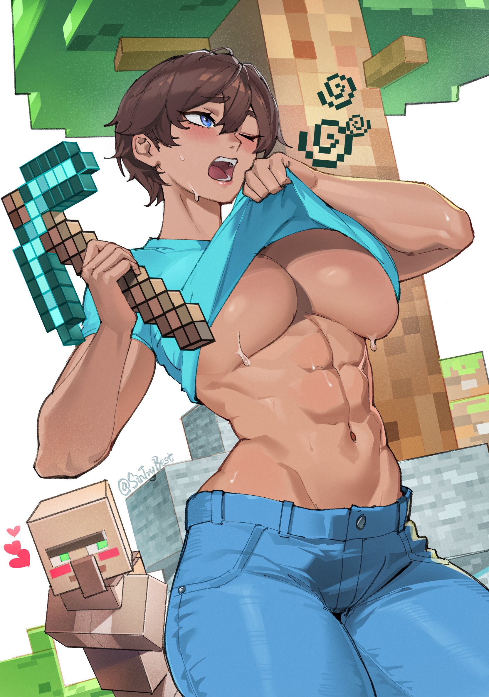 1boy, 1girls, abs, athletic, athletic female, big breasts, breasts, clothed, clothed female, dark skin, dark-skinned female, female steve, genderbend, genderswap (mtf), large boobs, large breasts, minecraft, muscular, muscular female, rule 63, short hair, short hair female, sintrybest, steve (minecraft), tomboy, toned, toned female, very short hair, villager (minecraft)