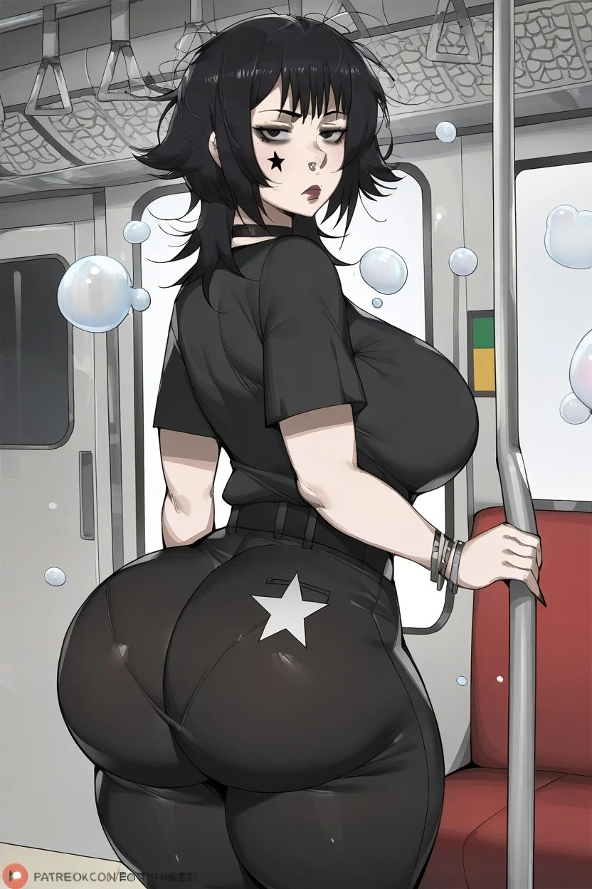 ai, ai art, ai assisted, ai generated, bobtheneet, boobs, clothed, clothing, dark hair, elijahzx, fat ass, goth, goth female, goth girl, inside train, large ass, large breasts, messy hair, short hair, star, thicc, train