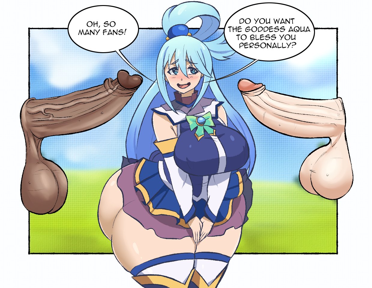 1female, 1girls, aqua (konosuba), cock, dark skin, dark-skinned male, female, keenkix, kono subarashii sekai ni shukufuku wo!, male, penis, solo female, tagme