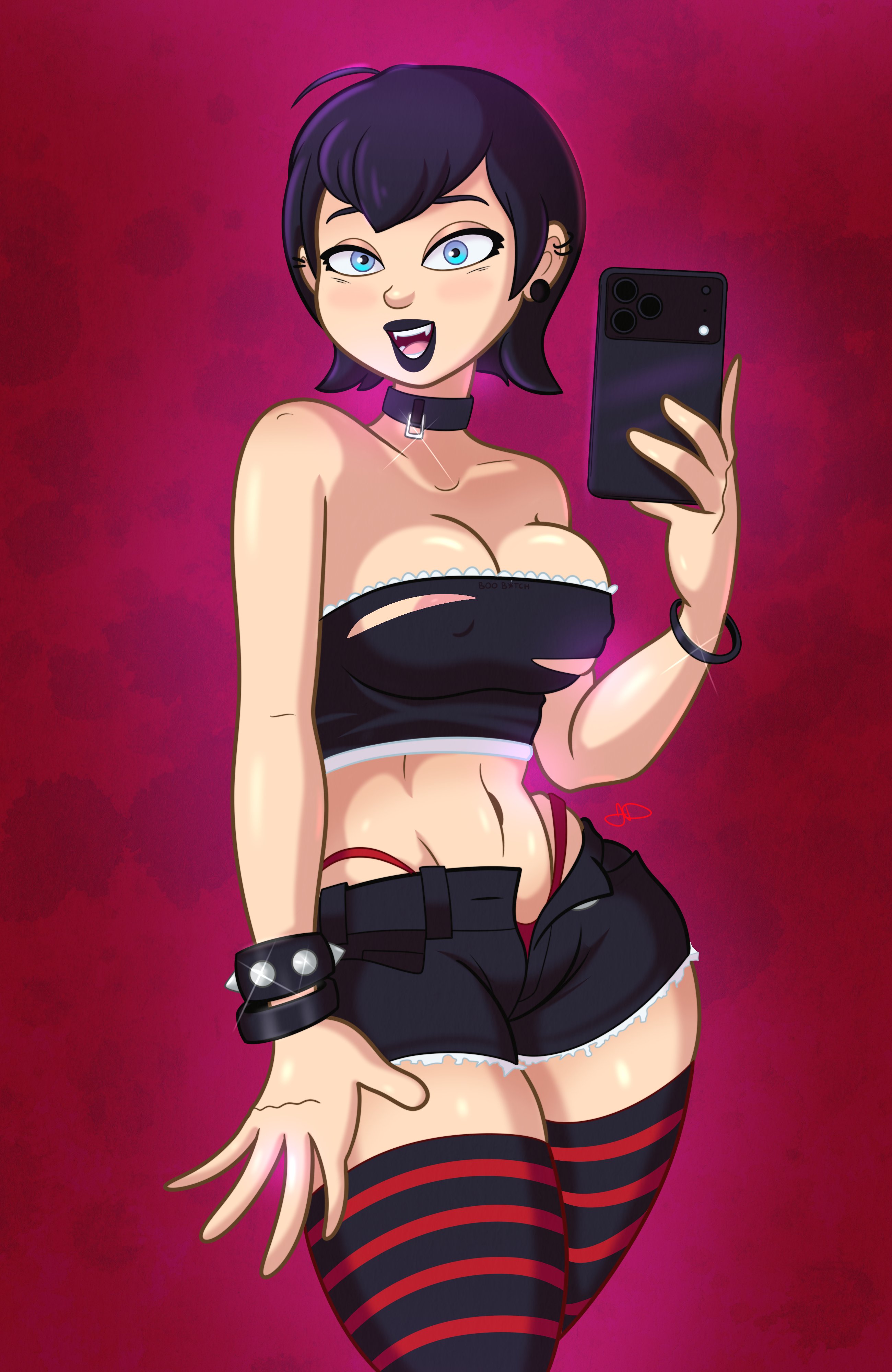 1girls, bare midriff, black hair, black lipstick, blue eyes, cleavage, collar, female, female only, holding object, holding phone, hotel transylvania, hourglass figure, jumpdriiver, lipstick, looking at viewer, makeup, mavis dracula, midriff, nipple slip, nipples, phone, revealing clothes, selfie, short shorts, shorts, small waist, smartphone, solo, strapless clothing, strapless top, thighhighs, thong above shorts, thong straps, torn clothes, tubetop