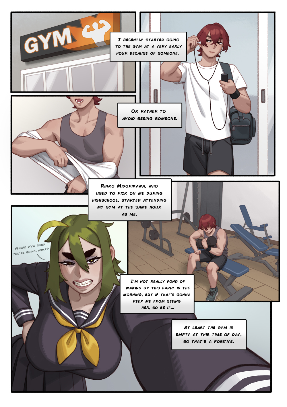 1boy, ahoge, big breasts, bullying, comic, comic page, dominant female, english, female, flashback, green eyes, green hair, gym, midori (rizdraws), oc, red hair, rizdraws, sailor collar, school uniform, sharp teeth, tomboy, toned male, weights