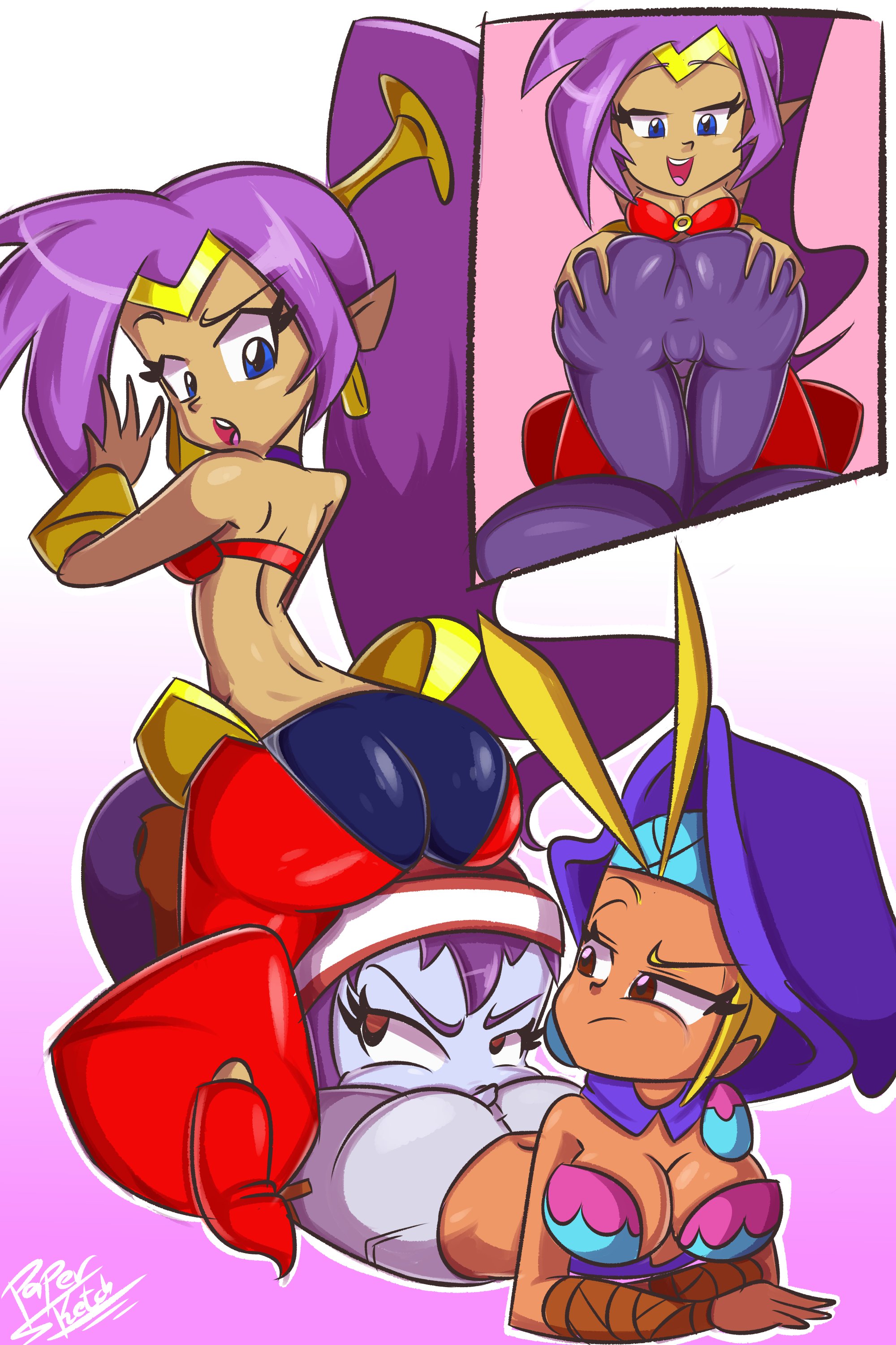 3girls, ass, big ass, female, female only, multiple girls, papersketch, risky boots, shantae, shantae (character), sky (shantae), wayforward