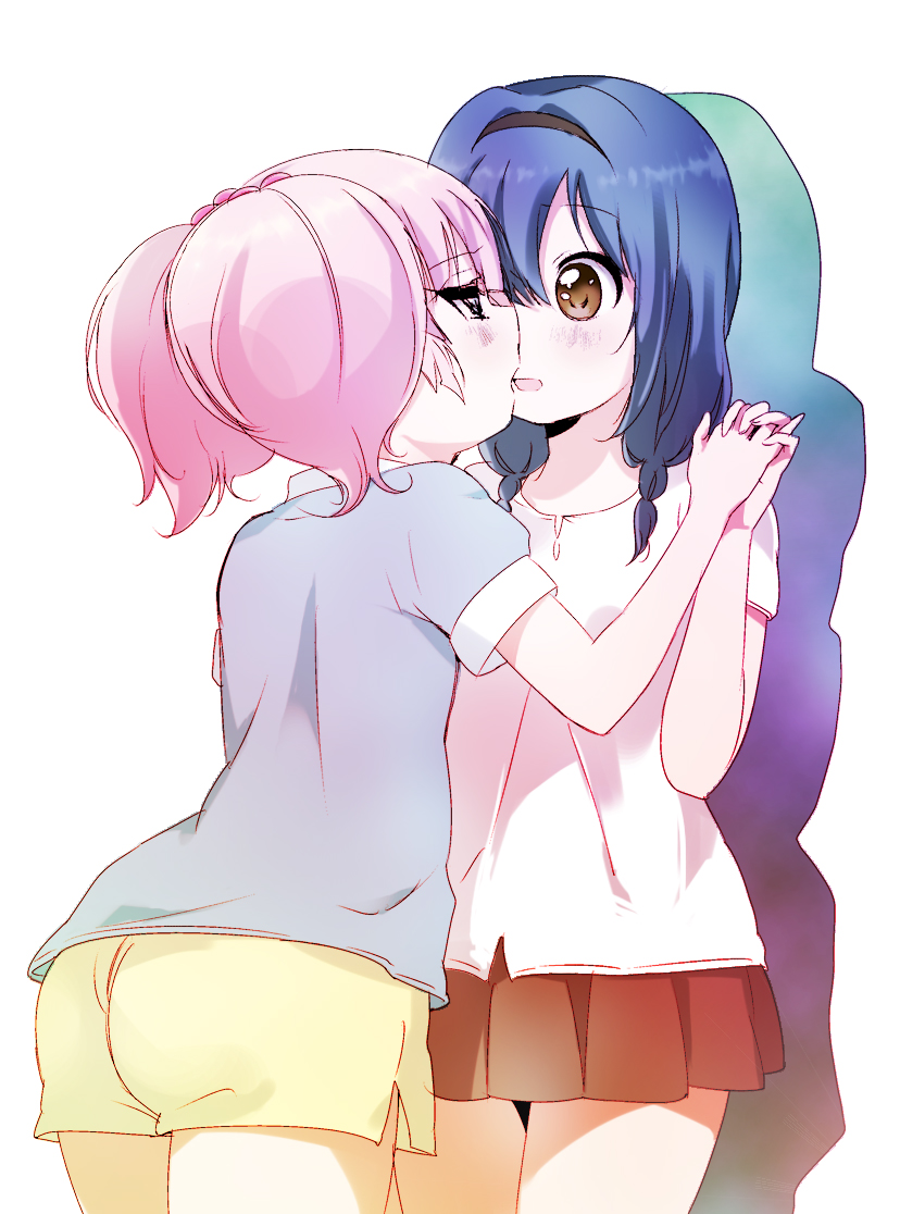 2girls baka_neko blue_eyes blue_hair blush casual female_focus furutani_himawari hair_bobbles hair_ornament hairband hand_holding imminent_kiss interlocked_fingers kamiki_uutarou multiple_girls open_mouth pink_hair shirt short_shorts shorts skirt t-shirt white_background yoshikawa_chinatsu yuri yuru_yuri