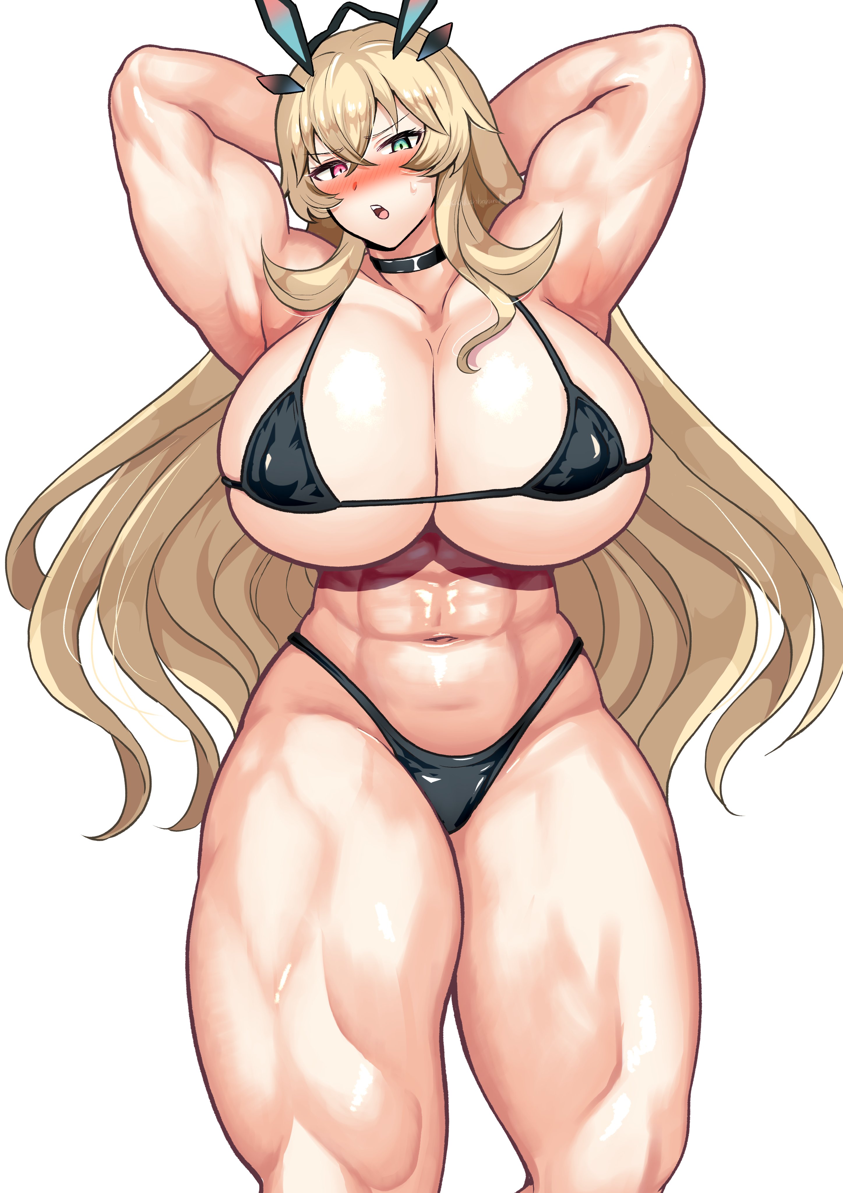 1girls, 2023, abs, barghest (gawain) (fate), big breasts, bikini, bikini bottom, bikini top, black bikini, blonde hair, blush, bottomwear, breast focus, breasts, cleavage, fate (series), female, female only, green eyes, hair, hands behind head, harurukan, heterochromia, huge breasts, long hair, muscular, muscular female, pink eyes, solo, solo female, swimwear, thick thighs, thighs, thunder thighs, topwear