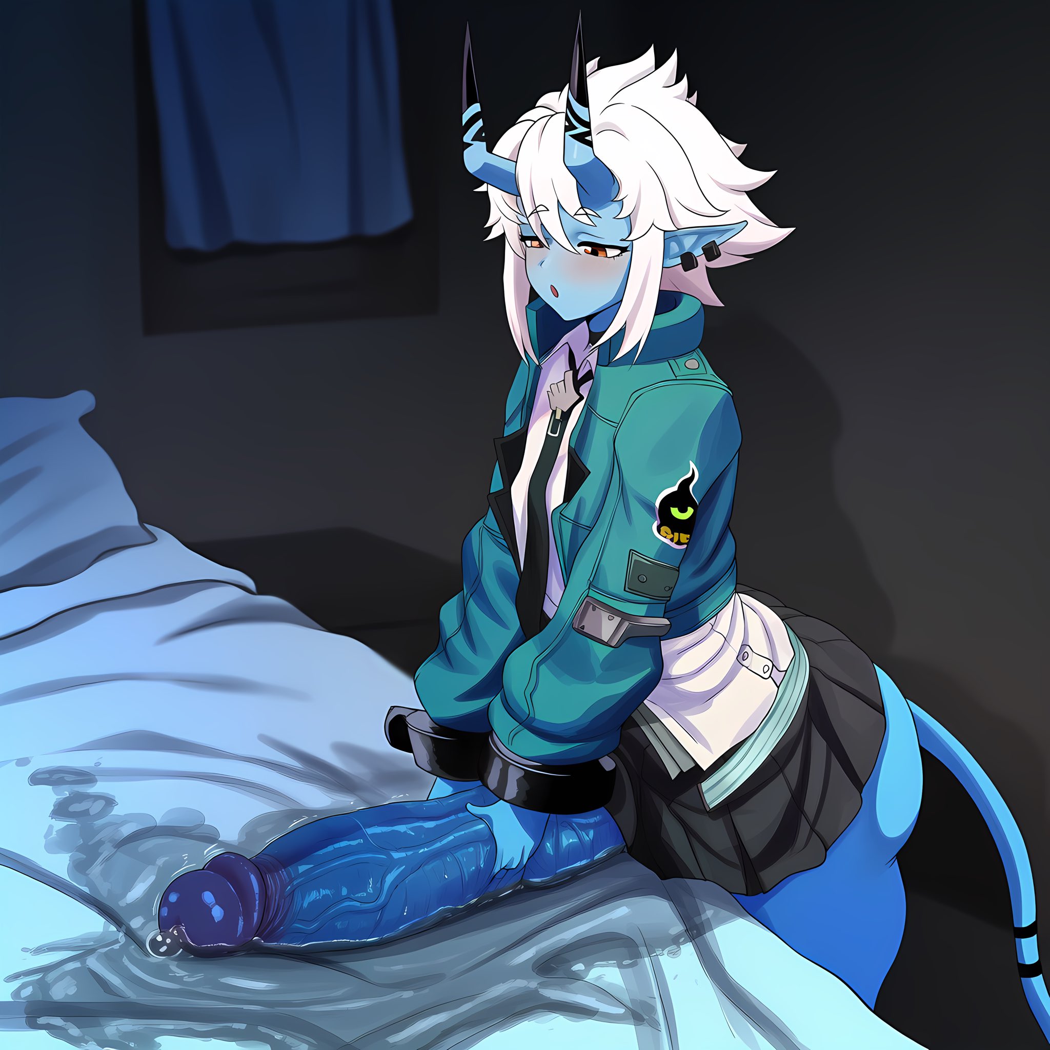 1futa, ai generated, ass, bed, bedroom, big ass, blue skin, blush, cinderhee, earrings, flat, flat chest, flat chested, flat chested futa, fluids, futa only, futanari, hips, horns, horny female, hoyoverse, jacket, jacking off, long ears, masturbating, masturbation, orange eyes, precum, shirt, short hair, skirt, sloppy, solo, solo futa, soukaku (zenless zone zero), stained sheets, tagme, tail, tie, white hair, zenless zone zero