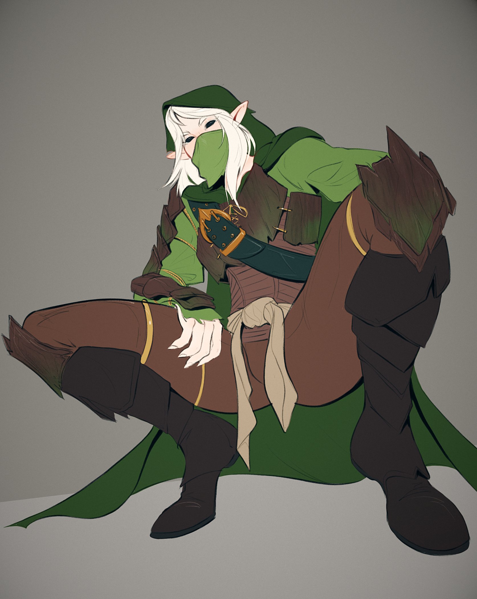 1girls, armor, armored female, bandana, bandana over mouthblack eyes, blonde female, blonde hair, blonde hair female, blonde-haired female, blush, boots, elf, elf ears, elf female, elf girl, female, female only, hood, hood up, kerillian, long nails, medium hair, pale skin, pale-skinned female, pants, pointy ears, pose, posing, qwickjoe, thighs, vermintide, warhammer (franchise), warhammer fantasy, white hair, wood elf