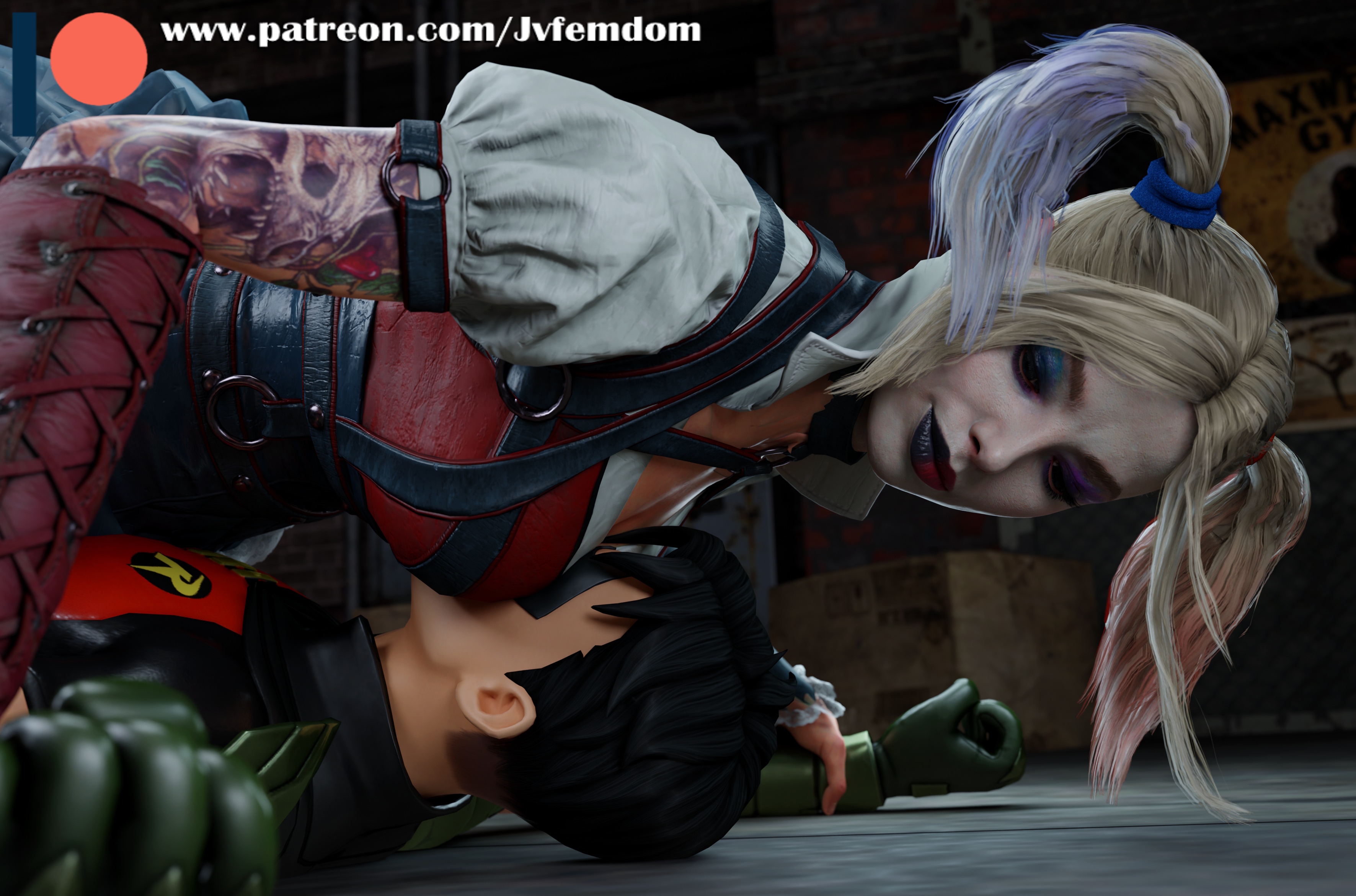 1boy, 1girls, 3d, absurd res, arrogant, ass, batman (series), batman: arkham knight, beaten, black hair, blender, breast smother, breasts, catfight, choking, dc, dc comics, defeated, dominant, dominant female, domination, dominatrix, female, female domination, femdom, fortnite, fortnite: battle royale, harley quinn, harley quinn (arkham), harley quinn (suicide squad game), helpless, highres, humiliated, humiliating, humiliation, jpeg, jvfemdom, kneehighs, kneesocks, legs, light skin, light-skinned female, long hair, looking pleasured, older female, older female and younger male, pinned, pinned down, robin (dc), robin (fortnite), robin (tim drake), sadism, sadistic, sadistic female, short hair, sitting, sitting on another, sitting on face, smile, smirk, smothered, smothering, smug, smug face, smug grin, straddling, submission, submission hold, submissive, suffocation, suicide squad, suicide squad: kill the justice league, swimsuit, tim drake, utter domination, younger male