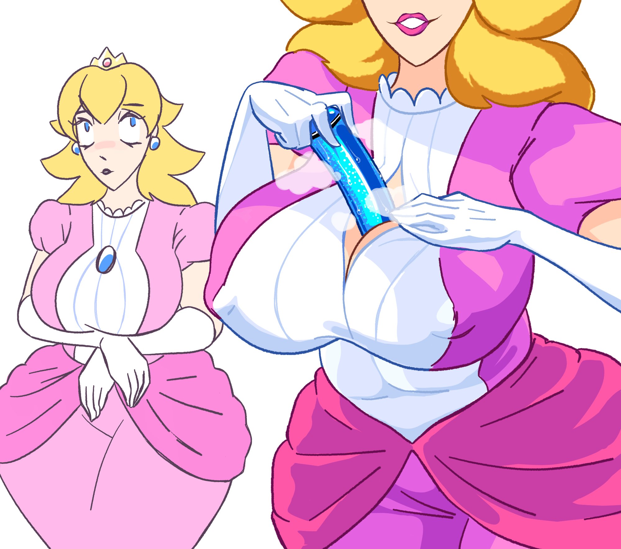 1girls, ad-sink-0, alternate breast size, between breasts, blonde hair, blue eyes, breasts, cleavage, close-up, covered nipples, crown, curvy, dildo, dress, gloves, head out of frame, hidden dildo, holding breasts, hourglass figure, jewelry, large breasts, mario (series), musk, musk clouds, nintendo, parted lips, pink dress, pink lipstick, princess peach, revealing, royalty, seductive, sex toy, sexually suggestive, smile, solo, steam, super mario bros., sweat, tease, teasing, teeth, thick thighs, wide hips