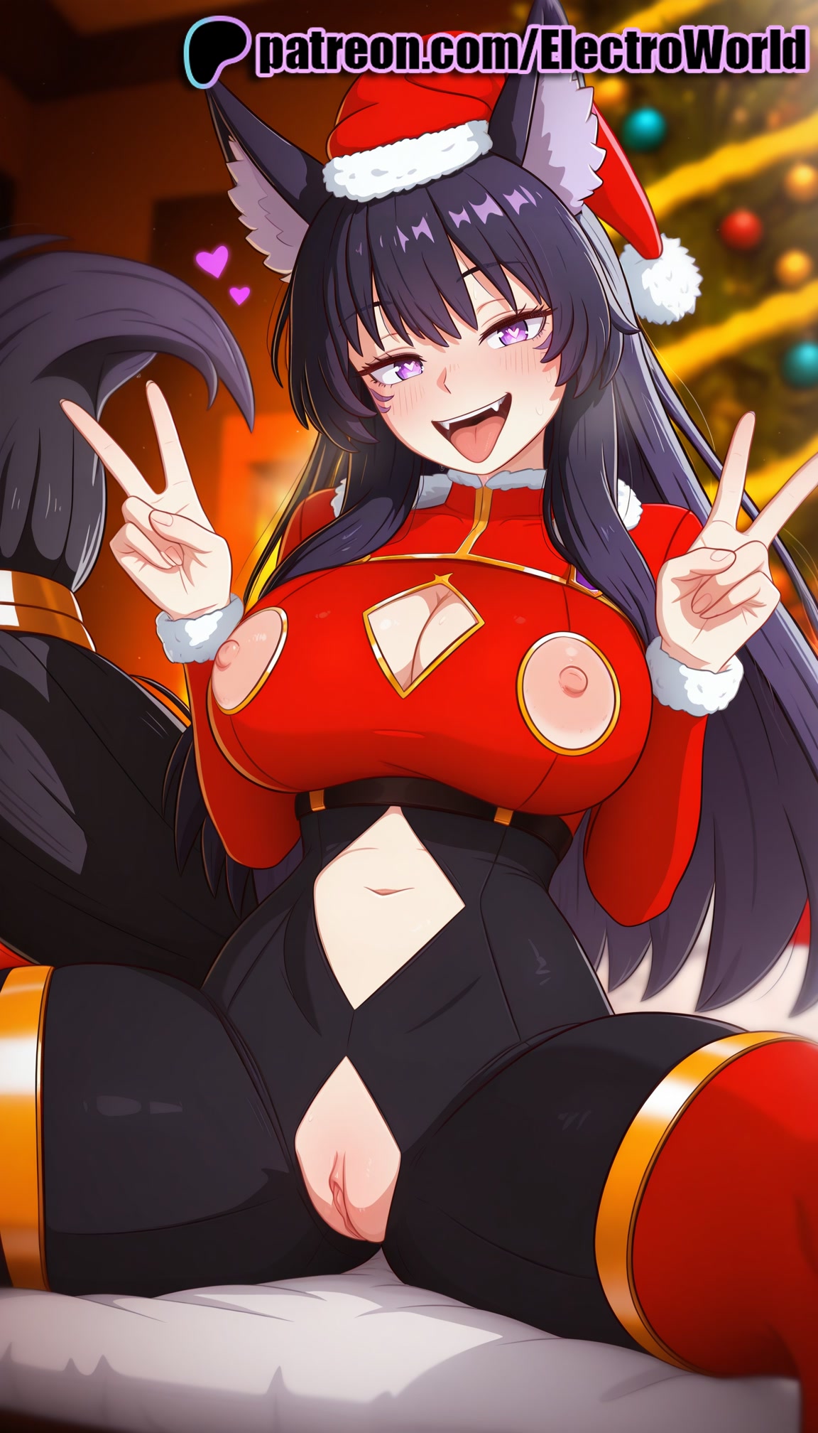 1girls, 2025, ai generated, animal ears, artist name, black hair, blush, breasts, bust, chest, christmas, christmas tree, cleavage cutout, clitoral hood, clothing cutout, crotchless, delta (the eminence in shadow), electroworld, exposed pussy, female, fur trim, fur-trimmed headwear, hat, heart, heart cutout, hi res, high quality, high resolution, highres, juicy pussy, legs apart, legs spread, long hair, looking at viewer, merry christmas, navel cutout, open legs, patreon, patreon username, purple eyes, pussy, red headwear, santa costume, santa hat, solo, splayed legs, spread legs, stable diffusion, the eminence in shadow, tight pussy, torn clothes, v, vagina, watermark