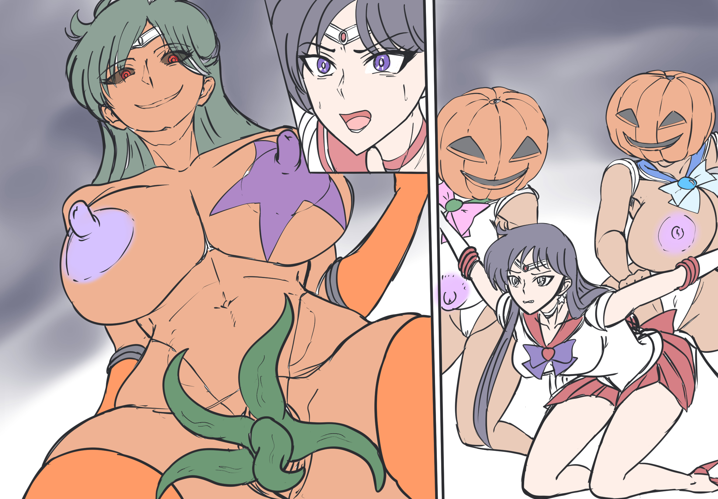 ami mizuno, armpits, ass, ass expansion, assimilation, big breasts, big penis, bishoujo senshi sailor moon, brainwashing, breast expansion, breast growth, breast growth (enlargement), breasts, censored, clothed, clothing, corruption, covered navel, enemy conversion, erection, female, futa only, halloween, high heel boots, high heels, highleg, highleg leotard, huge ass, huge breasts, hypnosis, jack-o'-lantern, lactation, large breasts, makoto kino, mask removed, mind break, mind control, mosaic censoring, mostly nude, nipples, penis, plant girl, plant transformation, possession, pumpkin, pumpkin girl, pumpkin head, pussy, rei hino, sailor jupiter, sailor mars, sailor mercury, sailor pluto, setsuna meiou, t-syun, tentacles from pussy, thick thighs, thigh boots, toned, toned stomach, transformation, wide hips
